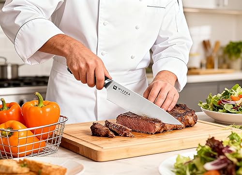 Miniatura 7 de WIZEKA Juego de cuchillos de cocina de acero inoxidable de alto carbono, juego de bloques de cuchillos ultra afilados con afilador, negro, serie