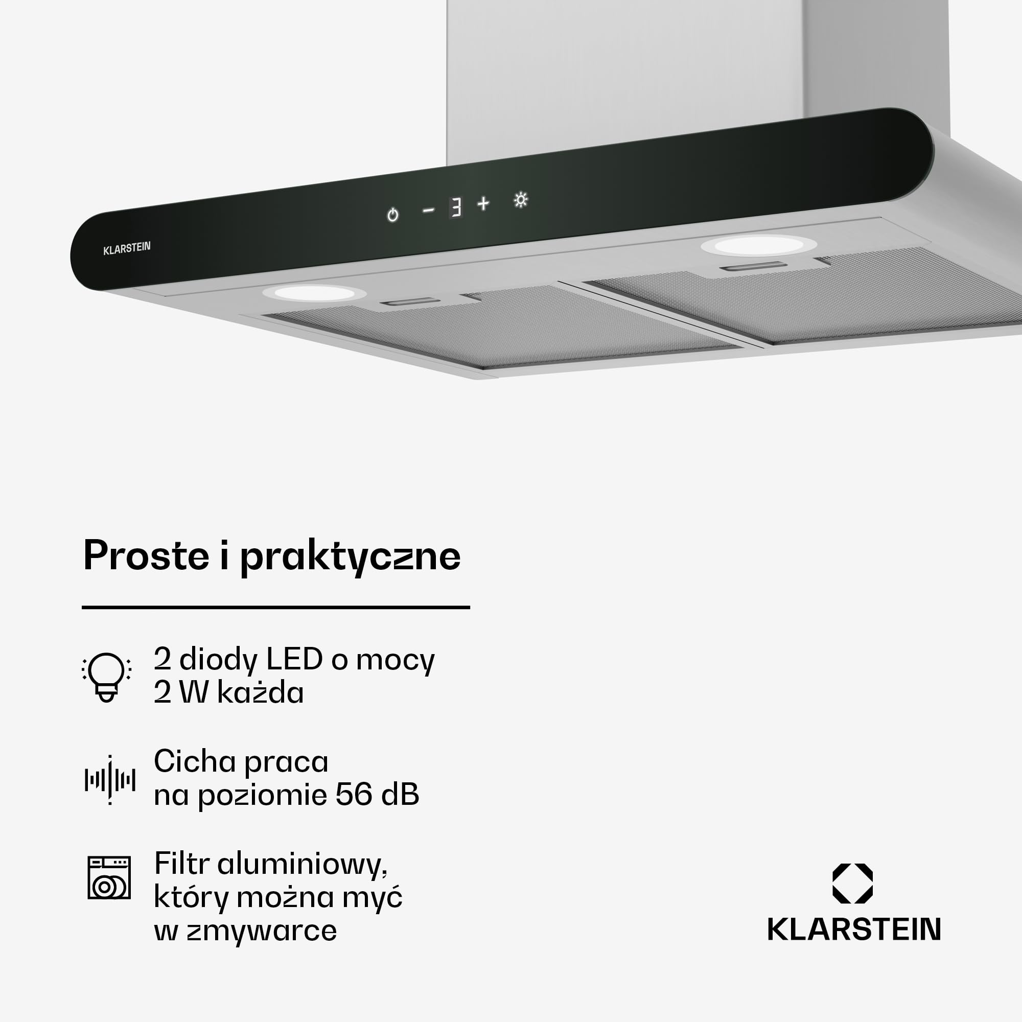 Klarstein CurveVent okap kuchenny – 60 cm, strumień powietrza 700 m³/h, energooszczędność A+, obsługa dotykowa, oświetlenie LED, 56 dB, czarny, filtr powietrza wylotowego i węglowego