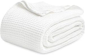 Bedsure 100% Cotton Blankets Queen Size for Bed - Waffle Weave Blankets for Summer, Lightweight and Breathable Soft Woven Blankets for Spring, White, 90x90 Inches