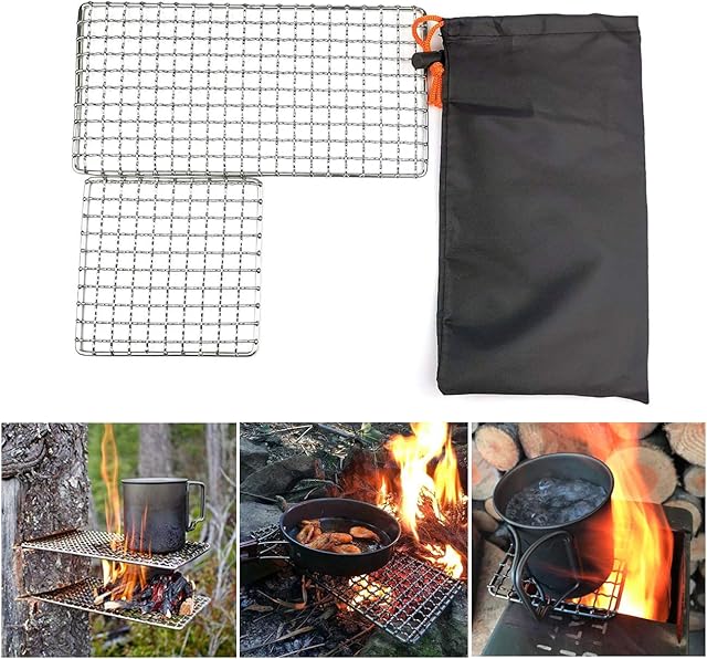 Rayeeley 2-Pack Stainless Steel Mesh Camping Grill, Bushcraft Grills Backpacker Barbecue Grills, Campfire Cooking BBQ Grate, High Strength Outdoor Mesh Gear for Camping, Hiking, Backpacking