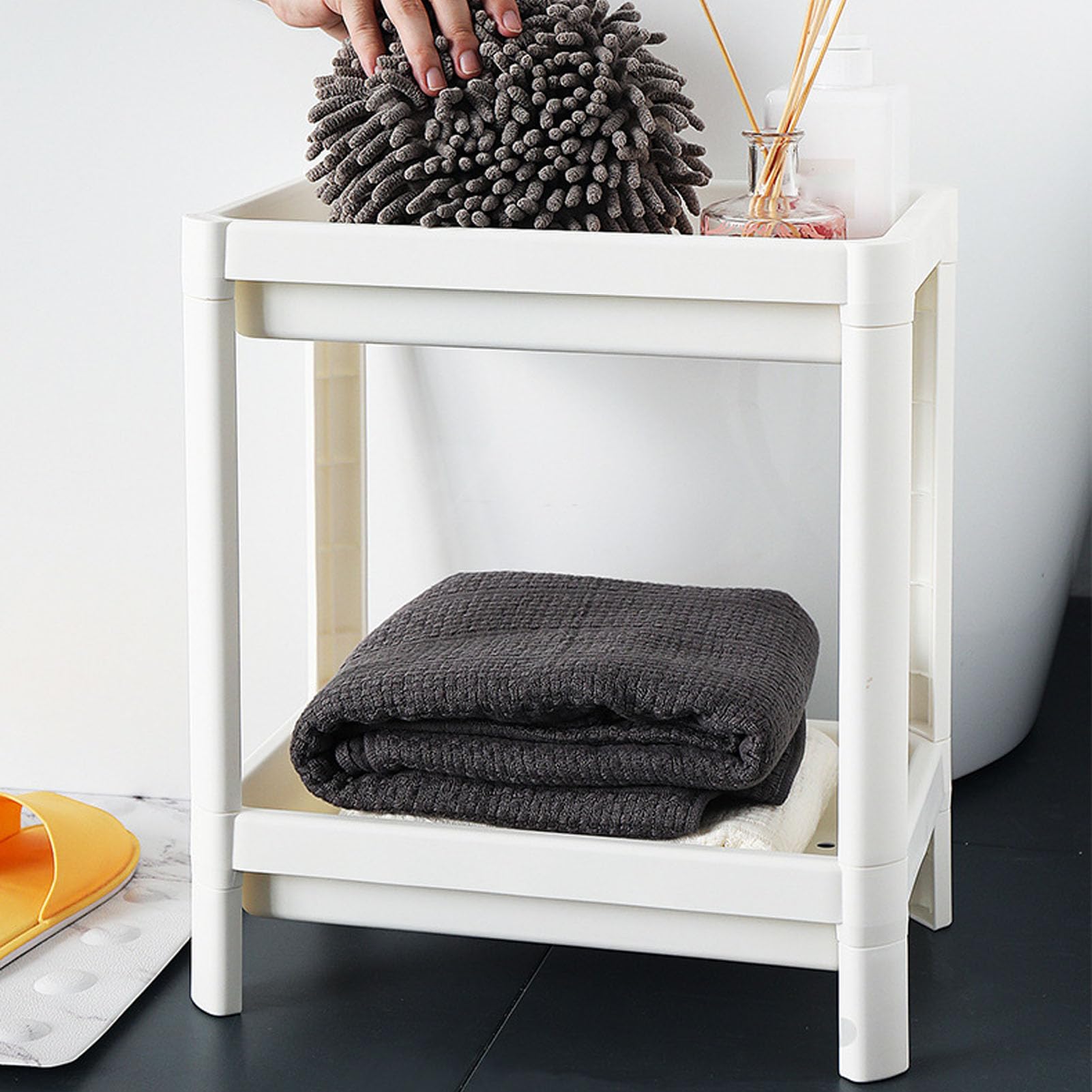 Estantería de suelo de baño de 2 niveles, estante de suelo con agujero de drenaje, multifuncional, estable, poco espacio, estante de pie para cuarto de baño, cocina