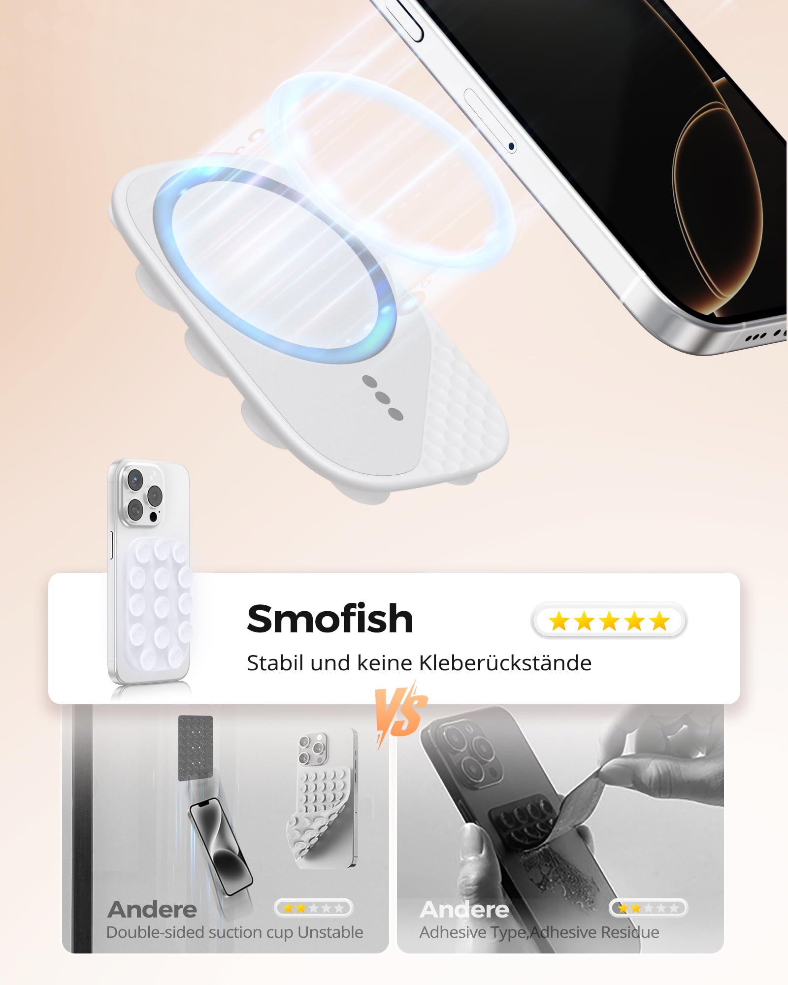 smofish Silikon Handy Saugnapf Halterung, Magnet Handyhalterung mit MagSafe Kompatibel mit iPhone und Android, Magnetische Handyhalterung für Dusche, TikTok Ersteller, Videos und Selfies, Weiß