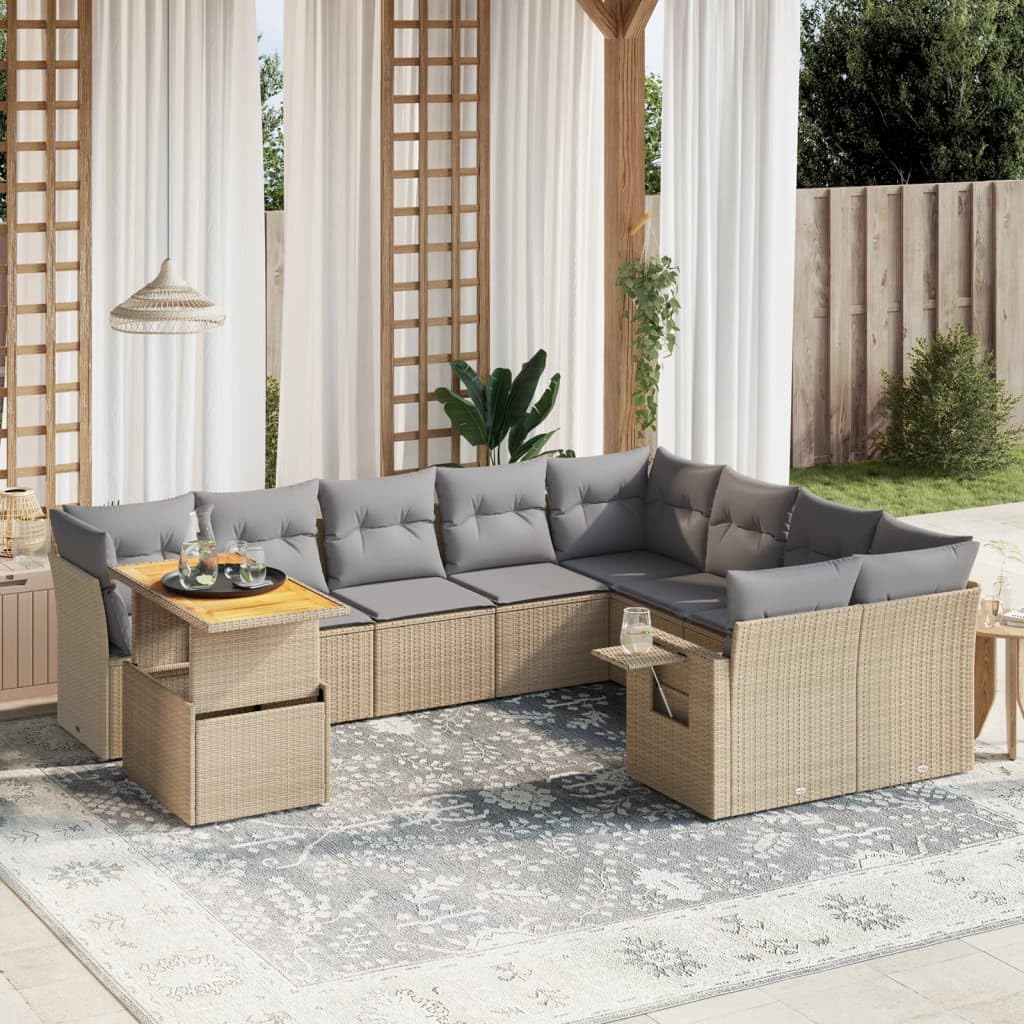 Set Divano da Giardino 10 pz con Cuscini Beige in Polyrattan,Set di Conversazione per Patio,Set Salotto da Esterno,Set Divano da Giardino Esterno-3271920