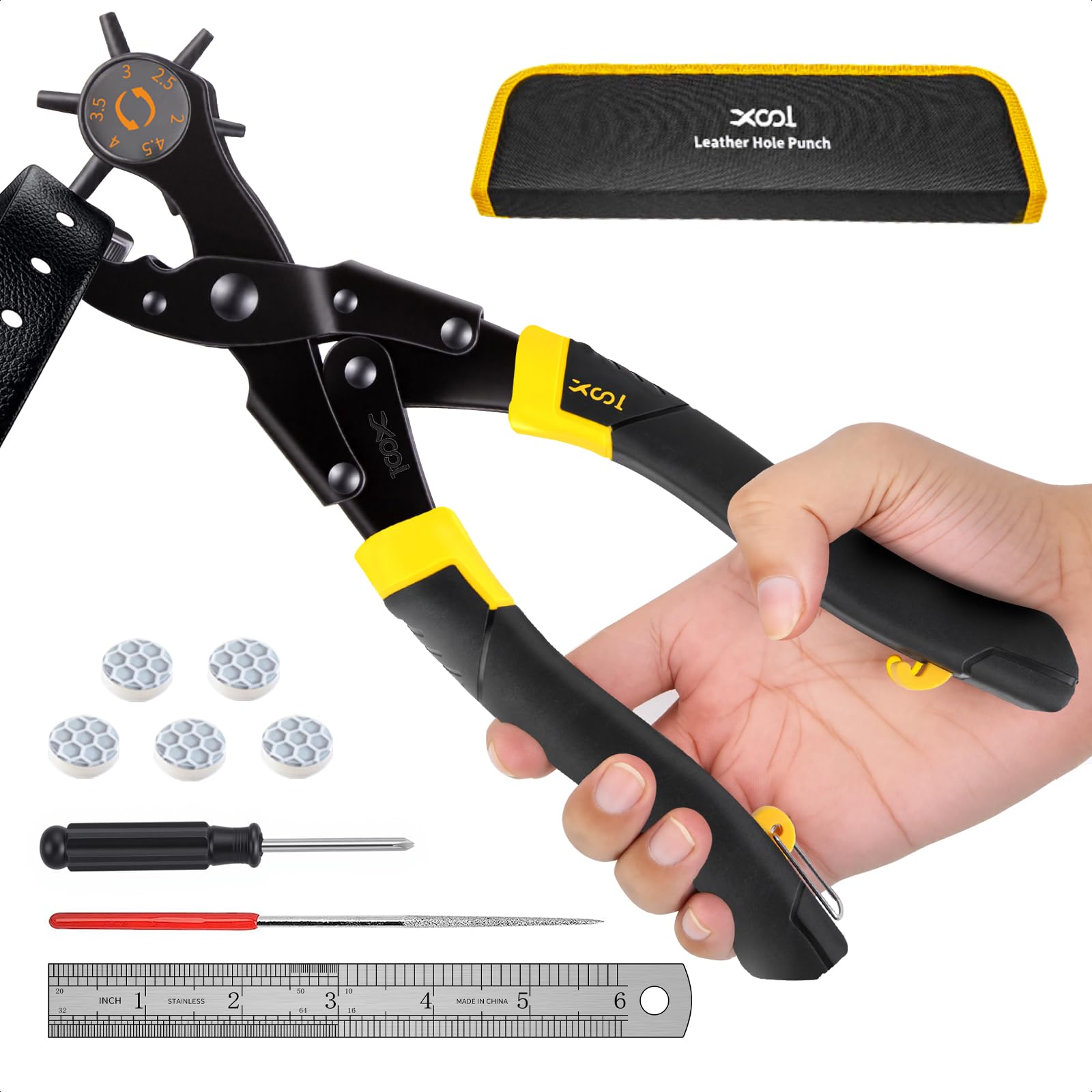 XOOL Leather Hole Punch Set, Upgraded Long Handle Punch Pliers with Effort-Saving Design, Ideal for Belts, Shoes, Saddles & DIY Leather Work