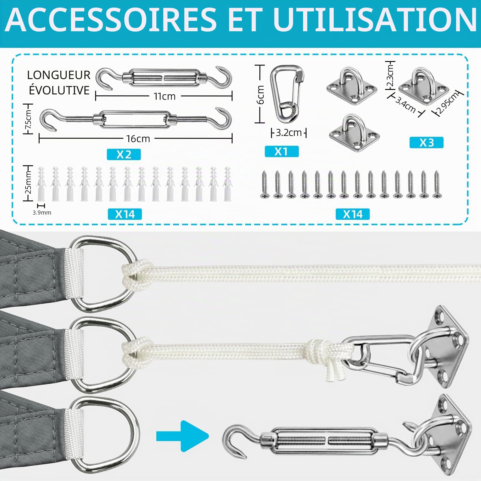 Voile D'ombrage Triangulaire 4x4x4m Avec Kit Fixation, Toile Ombrage Triangulaire Imperméable, Protection Solaire Et Anti UV, Toile D'ombrage Sans Perçage Convient aux Terrasse,Jardins et Serres（Gris）