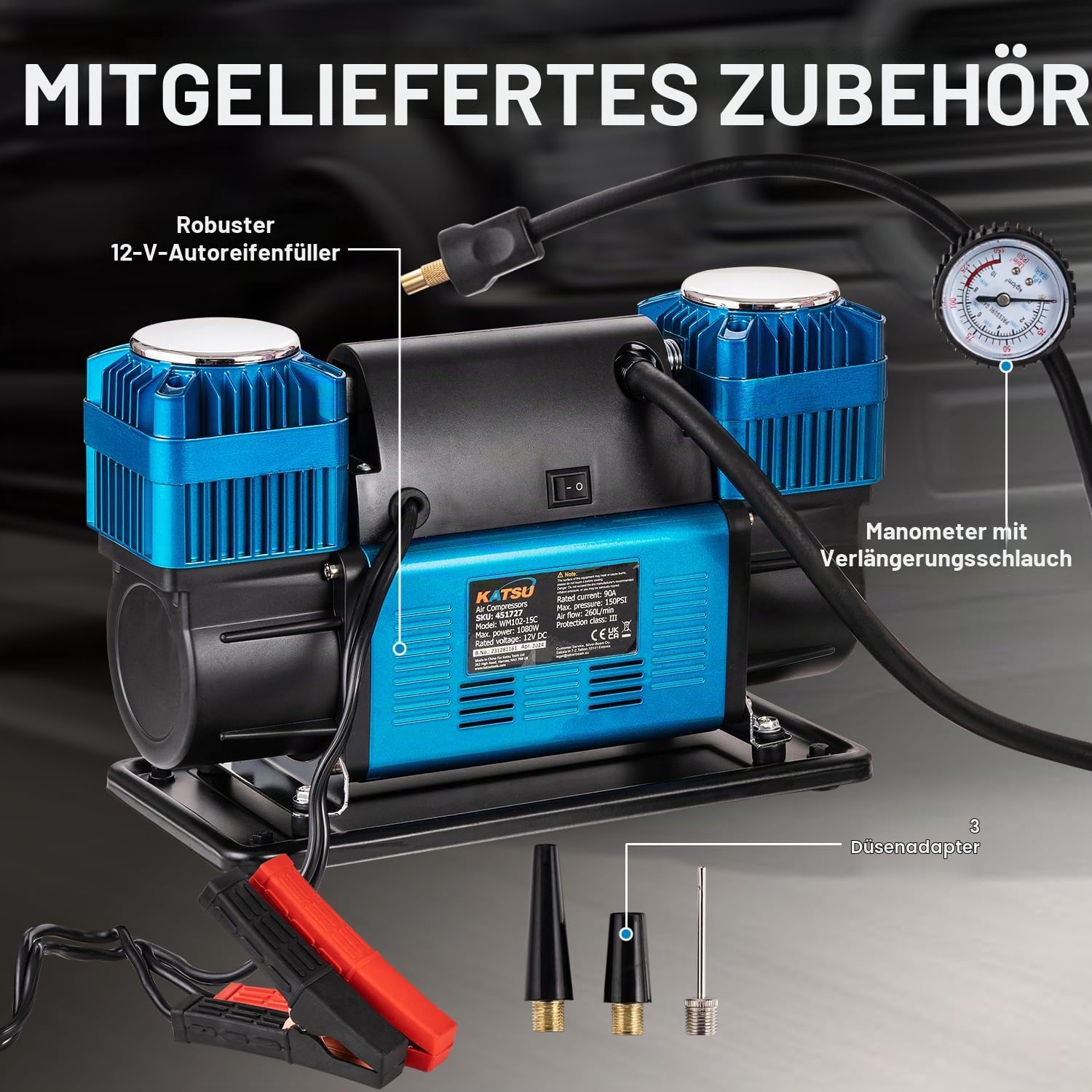 KATSU Tools Professionelle Auto Luftkompressor 2 Zylinder 150PSI 12V 90 Amp Großes Volumen Tragbarer Luftkompressor Reifenpumpe für 4WD Auto Van Trucks Fahrrad