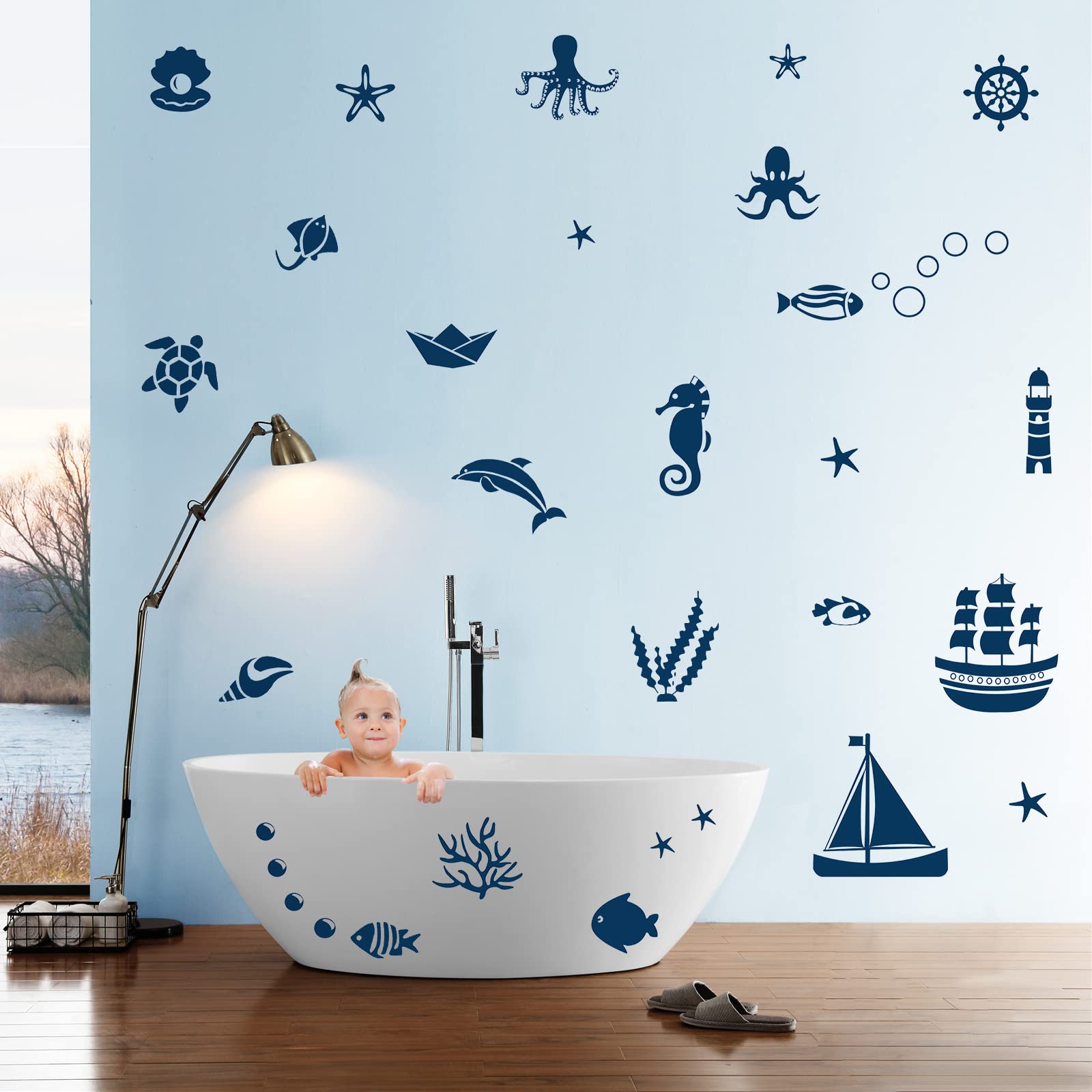 40 pegatinas de pared para cuarto de baño, pegatinas de pared para habitación infantil, diseño de dibujos animados,velero, animales, adhesivo decorativo para habitación de niños, dormitorio