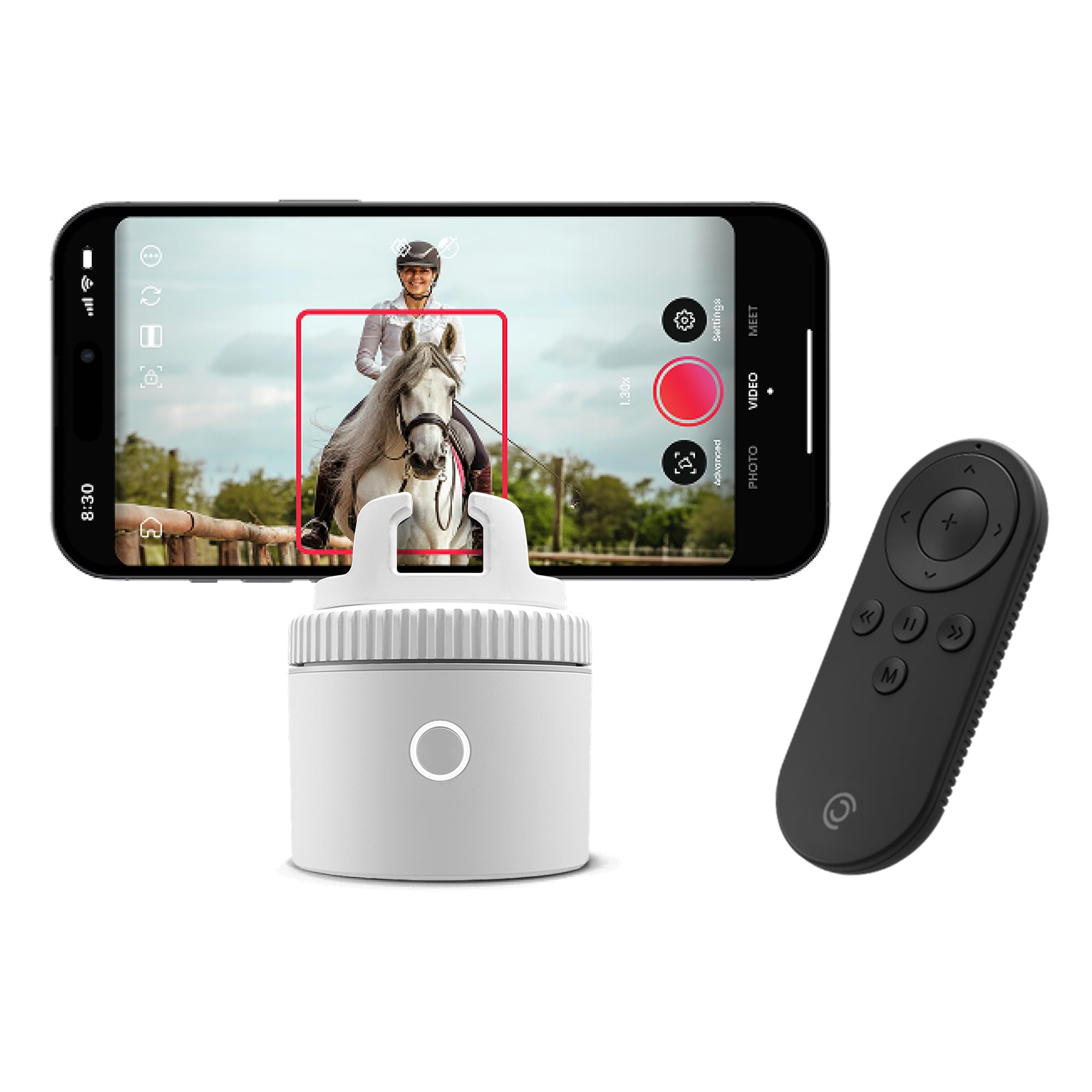 Pivo Equestrian Pod Auto Tracking Phone Holder, Face, Body &amp; Horse Tracker, 360° Rotation, 6 Speed, Stand for Video Recording with Remote Control (White)