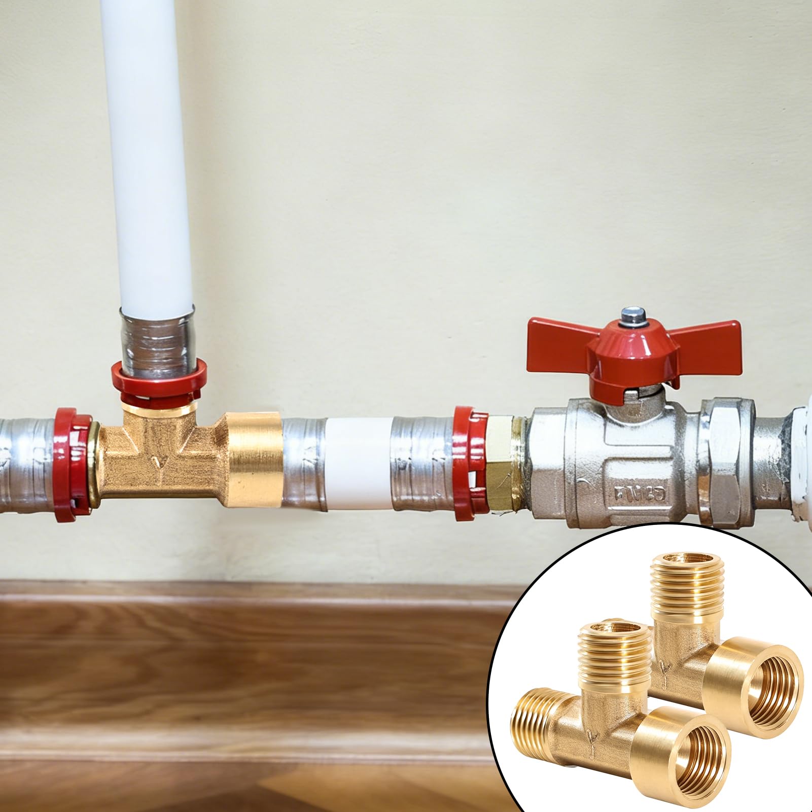 2 sztuki mosiężny trójnik, złączka rurowa, 1/4" x 1/4" x 1/4" NPT 3-drożny łącznik T z wewnętrznym x zewnętrznym gwintem do transportu przewodów gazowych, sprężonego powietrza, wody, złączek