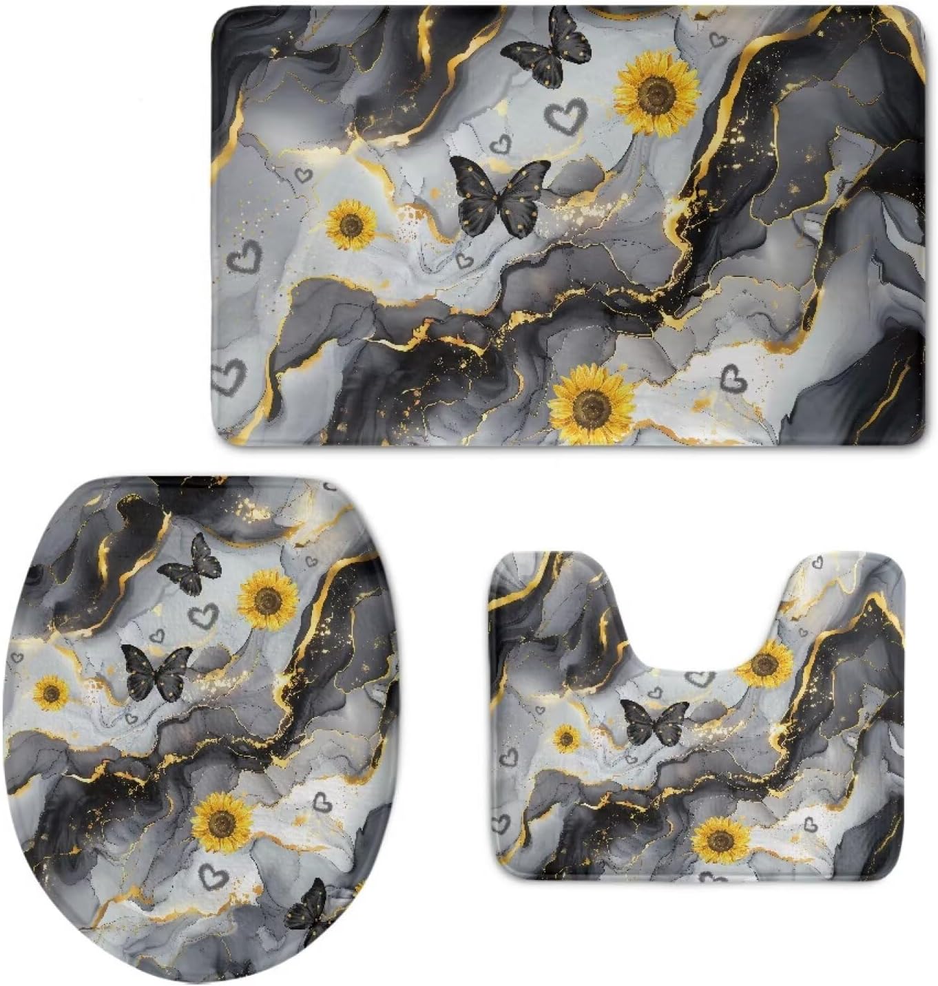 Marble Sunflower Heart Pattern Bathroom Rugs Set, Non Slip Bath Mat with Wear Resistant U-Shaped Contour Mat Stretchable Toilet Lid Cover Shower and Home Decor Accessories Marble Sunflower Heart Pattern Bathroom Rugs Set, Non Slip Bath Mat with Wear Resistant U-Shaped Contour Mat Stretchable Toilet Lid Cover Shower and Home Decor Accessories