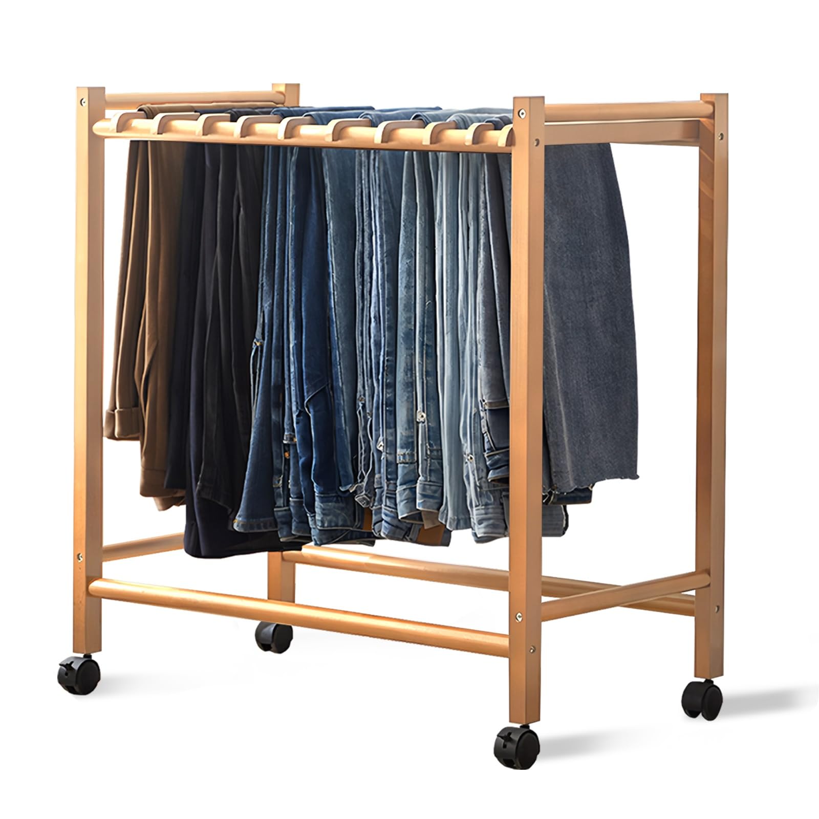 OLSKFUH Pull-Out Trouser Rack Removable Pull-Out Rack Wardrobe Storage Expandable Space Saving Drawer-Style Hanger Rod Rolling Trolley,Portable Wooden Pants Hangers With Wheelsro,