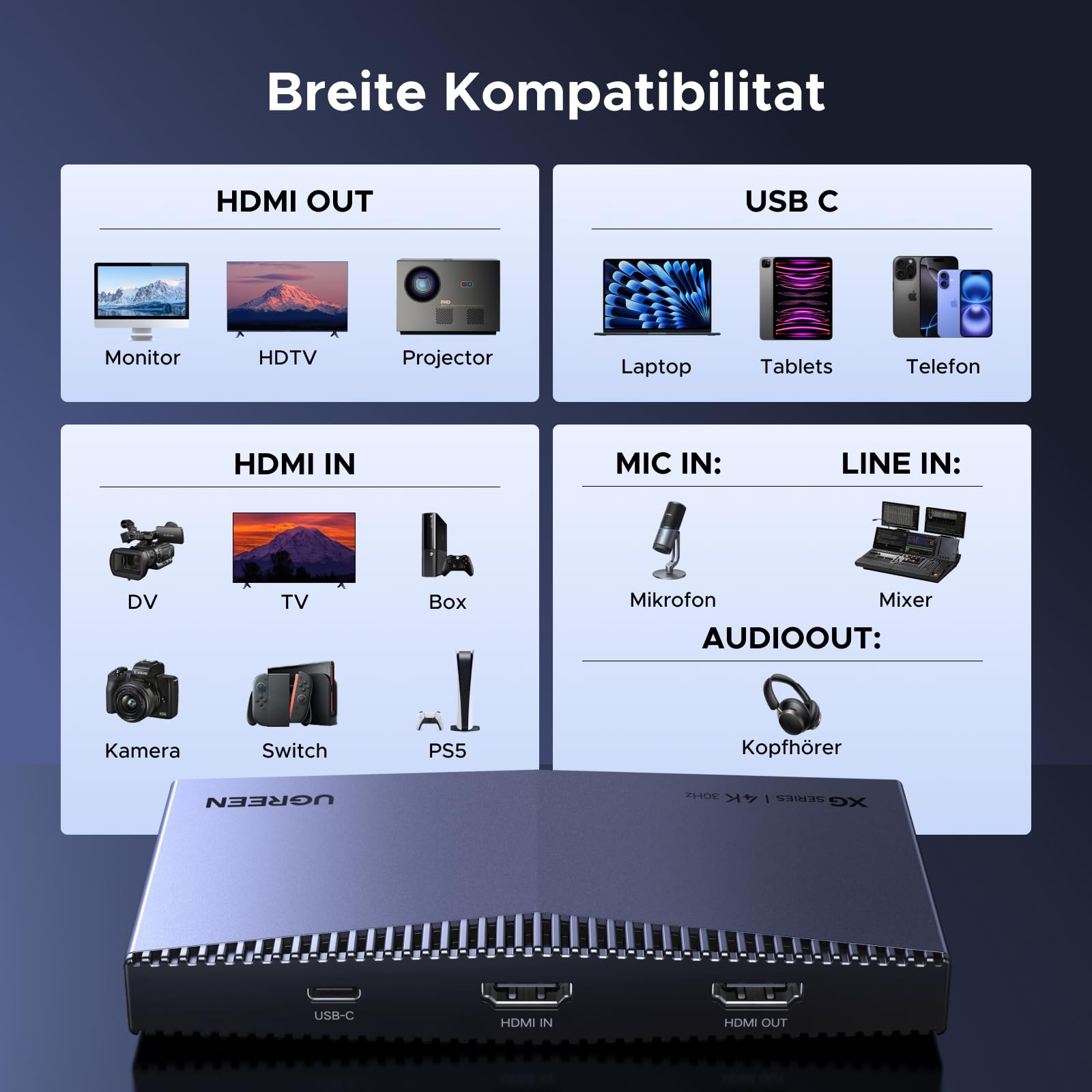 UGREEN 4K Capture Card, HDMI Capture Card 4K60Hz HDR Loop-Out und 4K30Hz Capture mit ultraniedriger Latenz, kompatibel mit PS5/Pro, PS4/Pro, Xbox Series X/S, Xbox One X/S, Switch, Switch 2