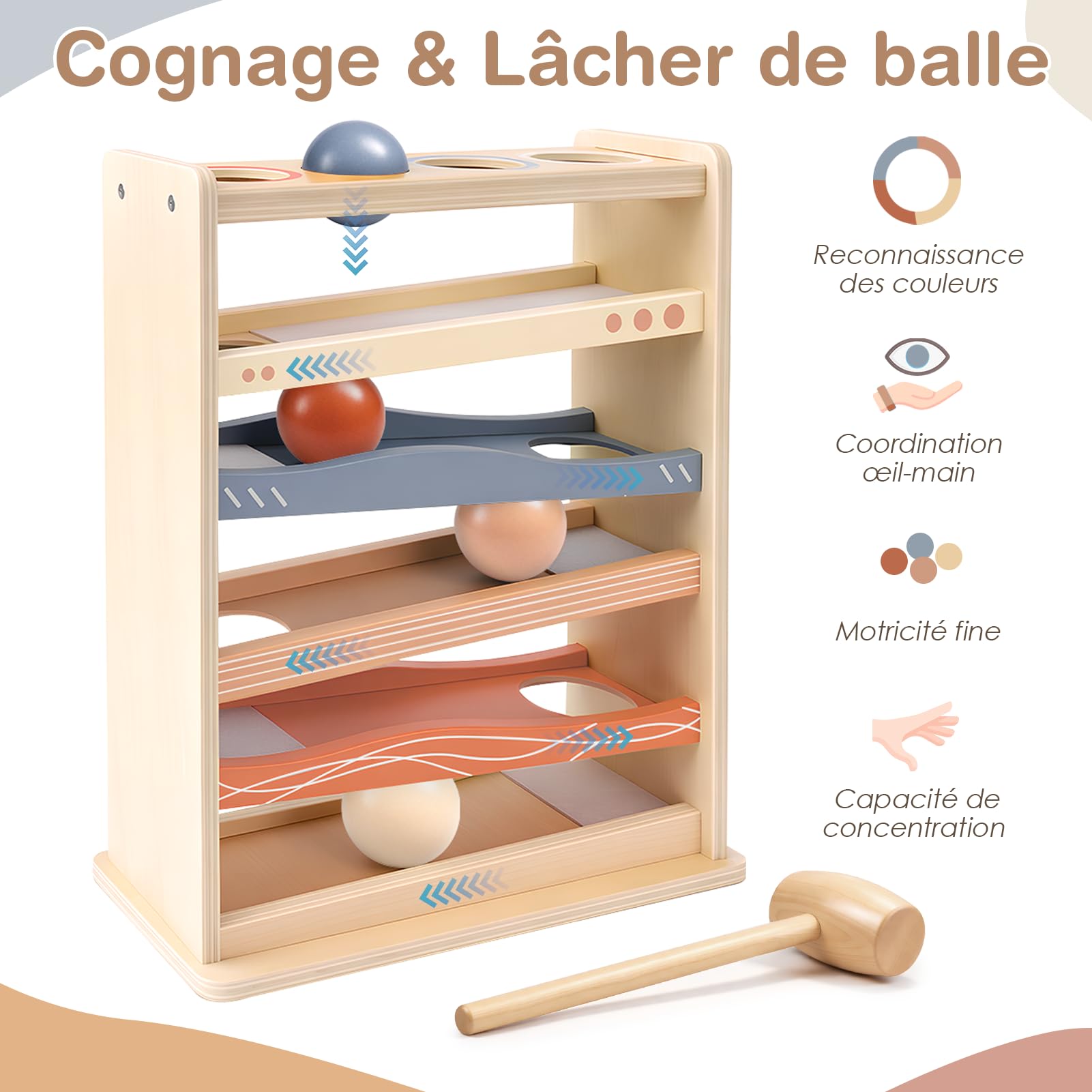 Vanplay Circuit de Billes en Bois Jouet dès 1 an, Jeu de Marteau avec 4 Boules et Un Marteau en Bois, Jouet Montessori dès 1 an, sans Installation, Cadeau pour garçons et Filles 1, 2, 3, 4 Ans