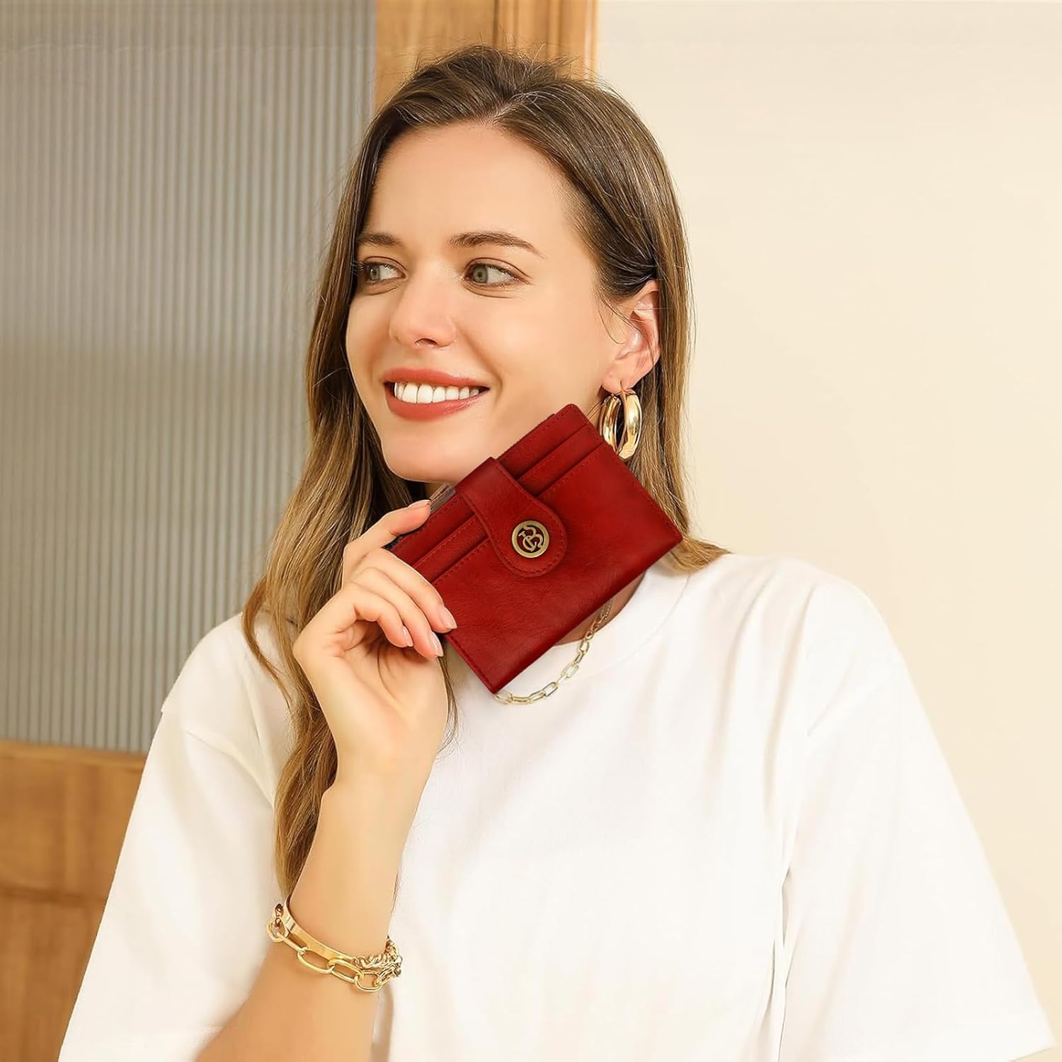 Leather Wallet Women,RFID Blocking Small Wallet for Women Bifold Compact Slim Wallet Card Holder With Zipper Coin Pocket(Red)