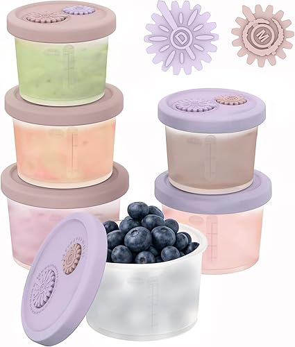 Recipientes de silicona para alimentos para bebés con tapas de seguimiento de fechas, paquete de 6 recipientes reutilizables para almacenamiento de