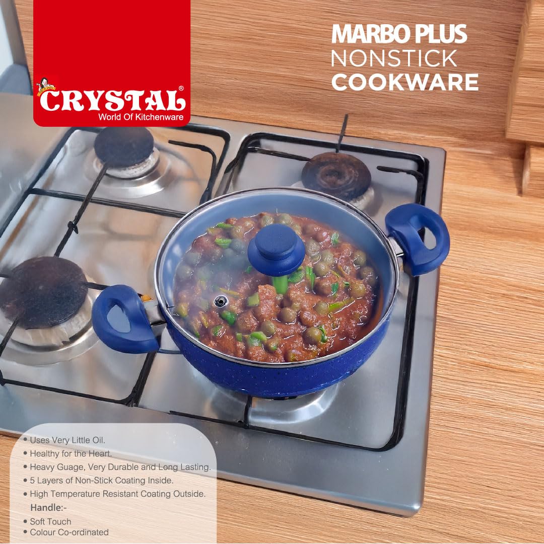 Crystal Marbo Plus Induction Bottom Nonstick kadai | Glass Lid | 225 mm | Thickness: 3mm | 5 Layer Coating | Metal Spoon Friendly | Blue - Image 4 thumbnail