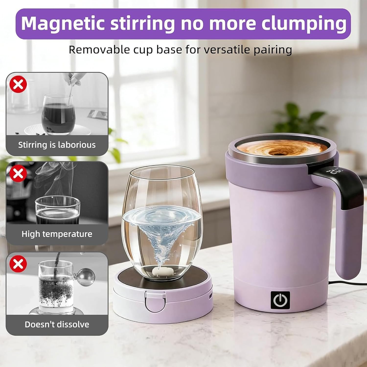 Taza agitadora magnética, taza de viaje calentada con control de temperatura inteligente, mezclador de bebidas portátil, recargable por USB-C, uso con una sola mano, base extraíble para café y té