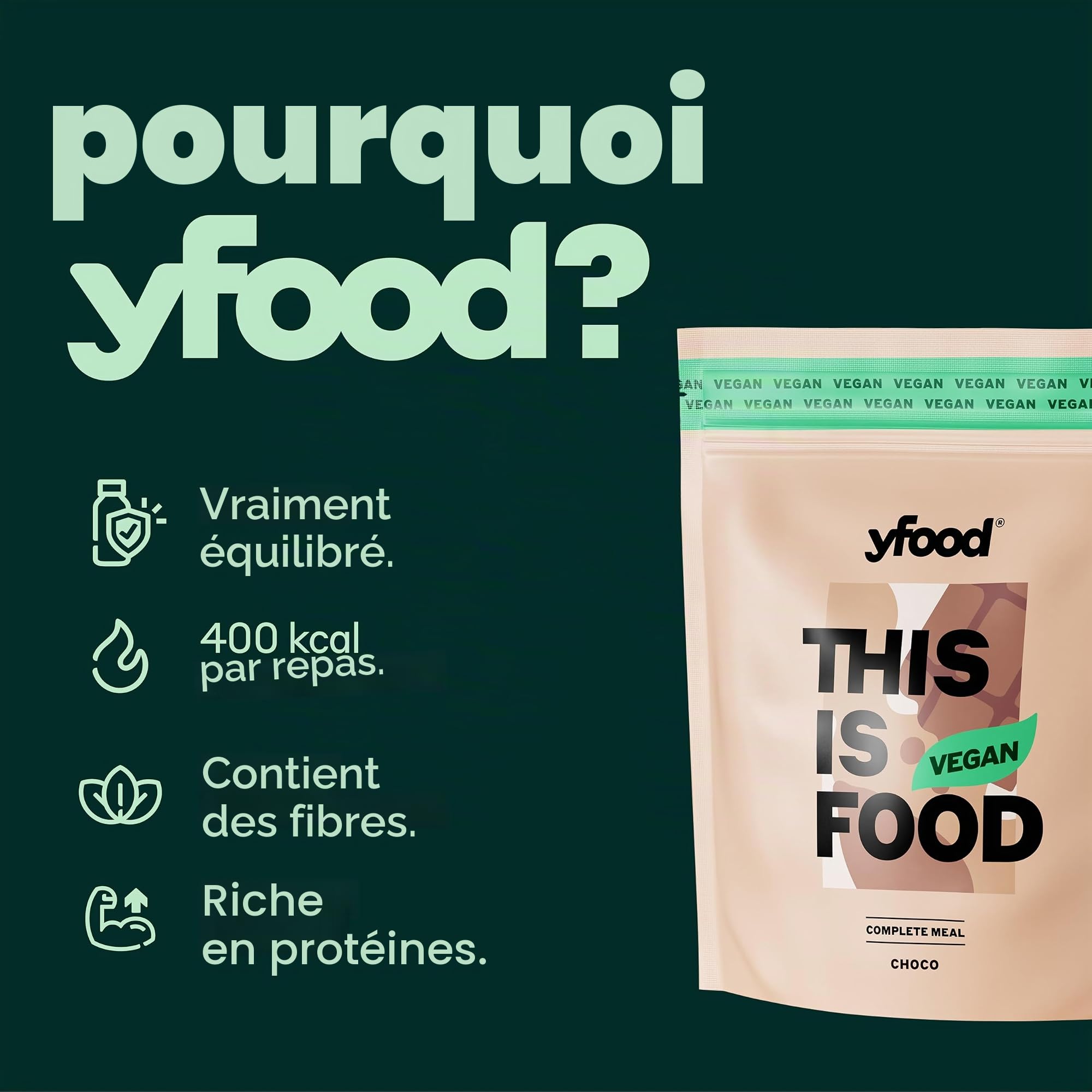 yfood Poudre Classic Choco végétalienne, substitut de repas protéiné, THIS IS FOOD, 26 vitamines et minéraux, 12 repas par sachet, goût chocolat (végétalienne)