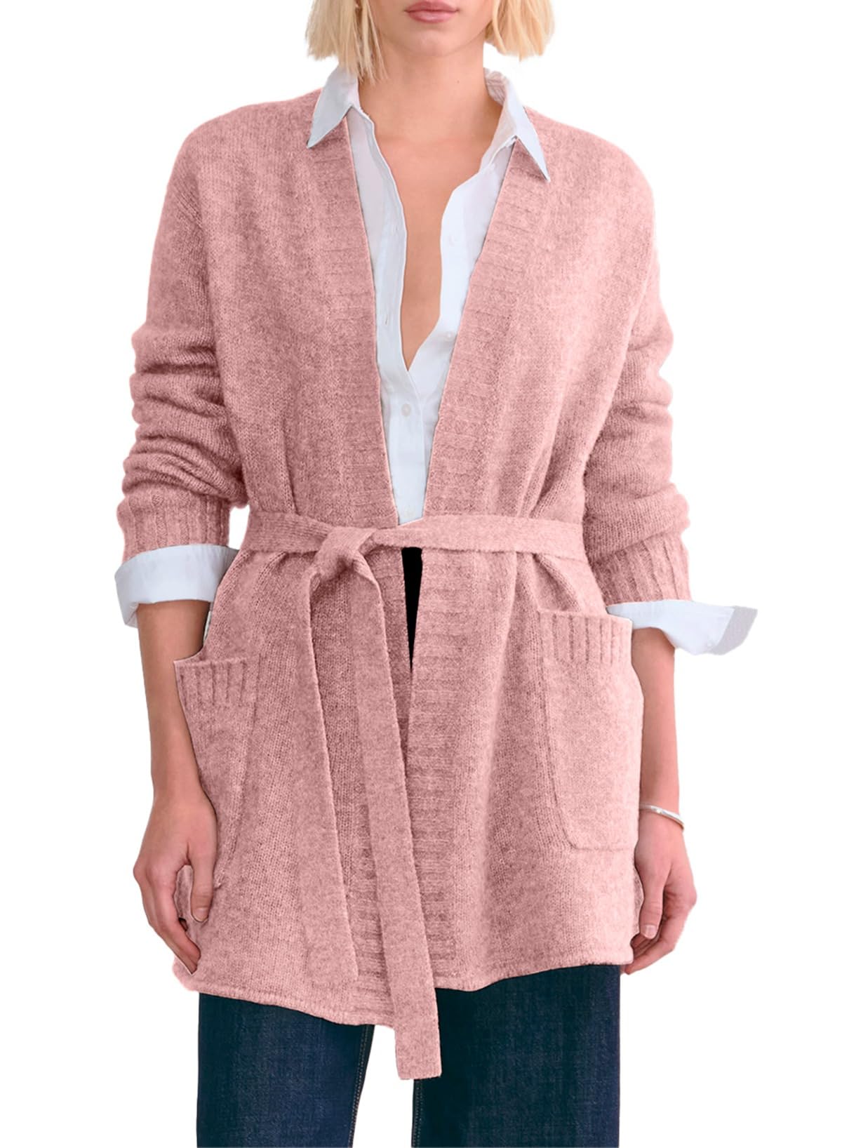 Astylish Womens Open Front Long Sleeve Belted Knit Cardigan Sweaters Trendy 2025 Outwear Coats with Pockets