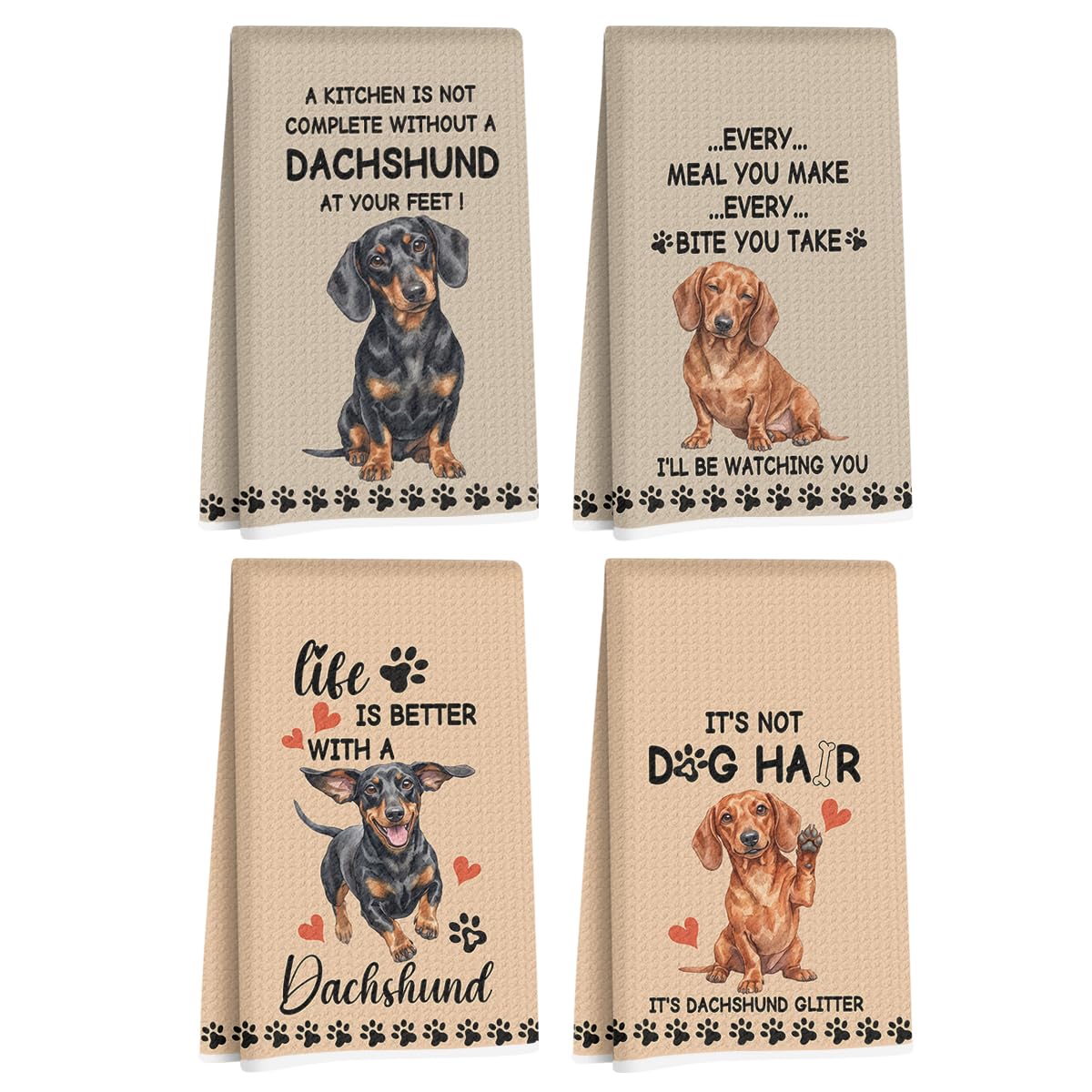 4 Pcs Funny Dachshund Kitchen Towels, Dachshund Gifts Reusable Dish Towels