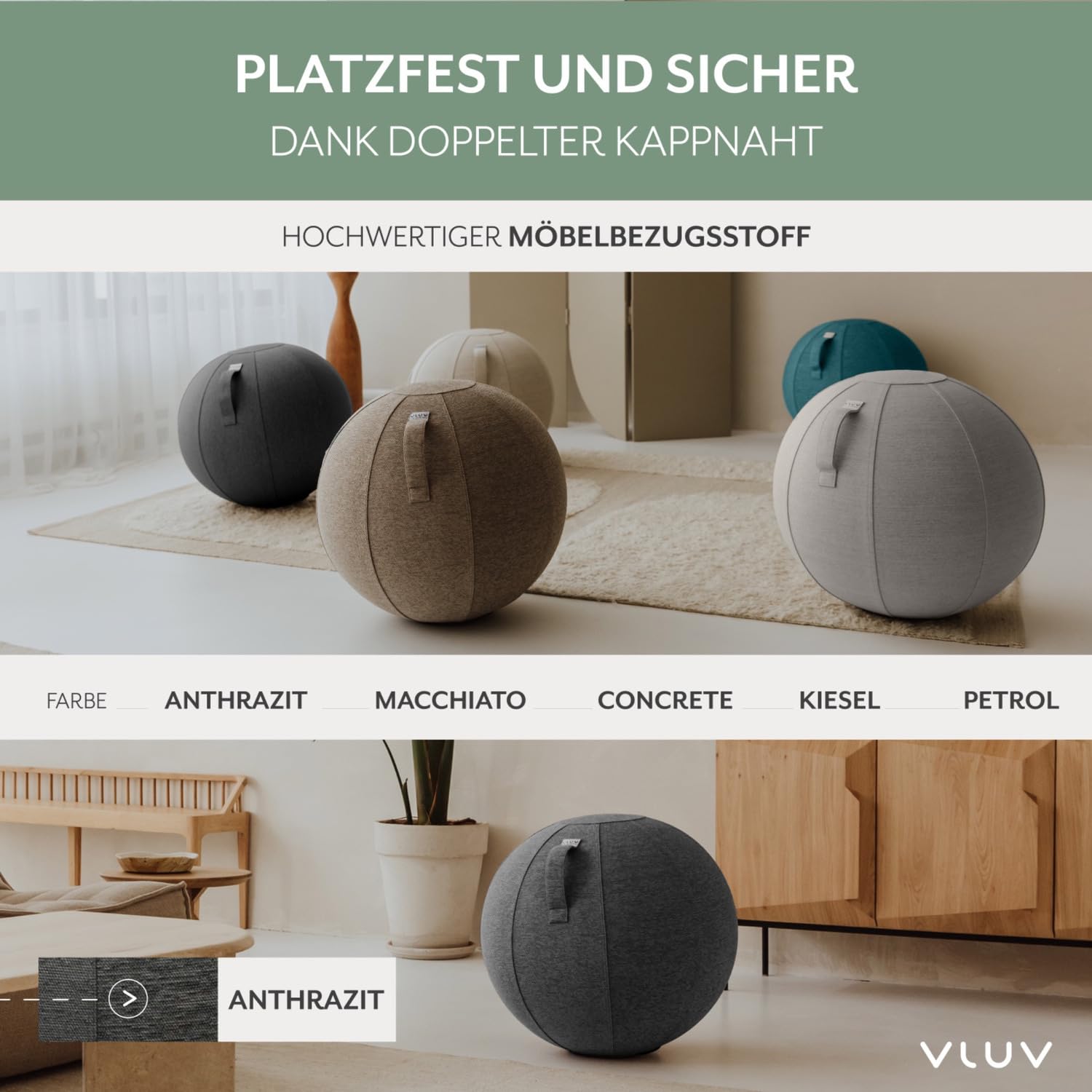 Ballon-siège VLUV STOV, siège ergonomique pour le bureau et la maison, couleur: Anthracite (gris foncé), Ø 60cm - 65cm, Tissu d’ameublement de qualité supérieure, robuste et indéformable avec une poignée de transport