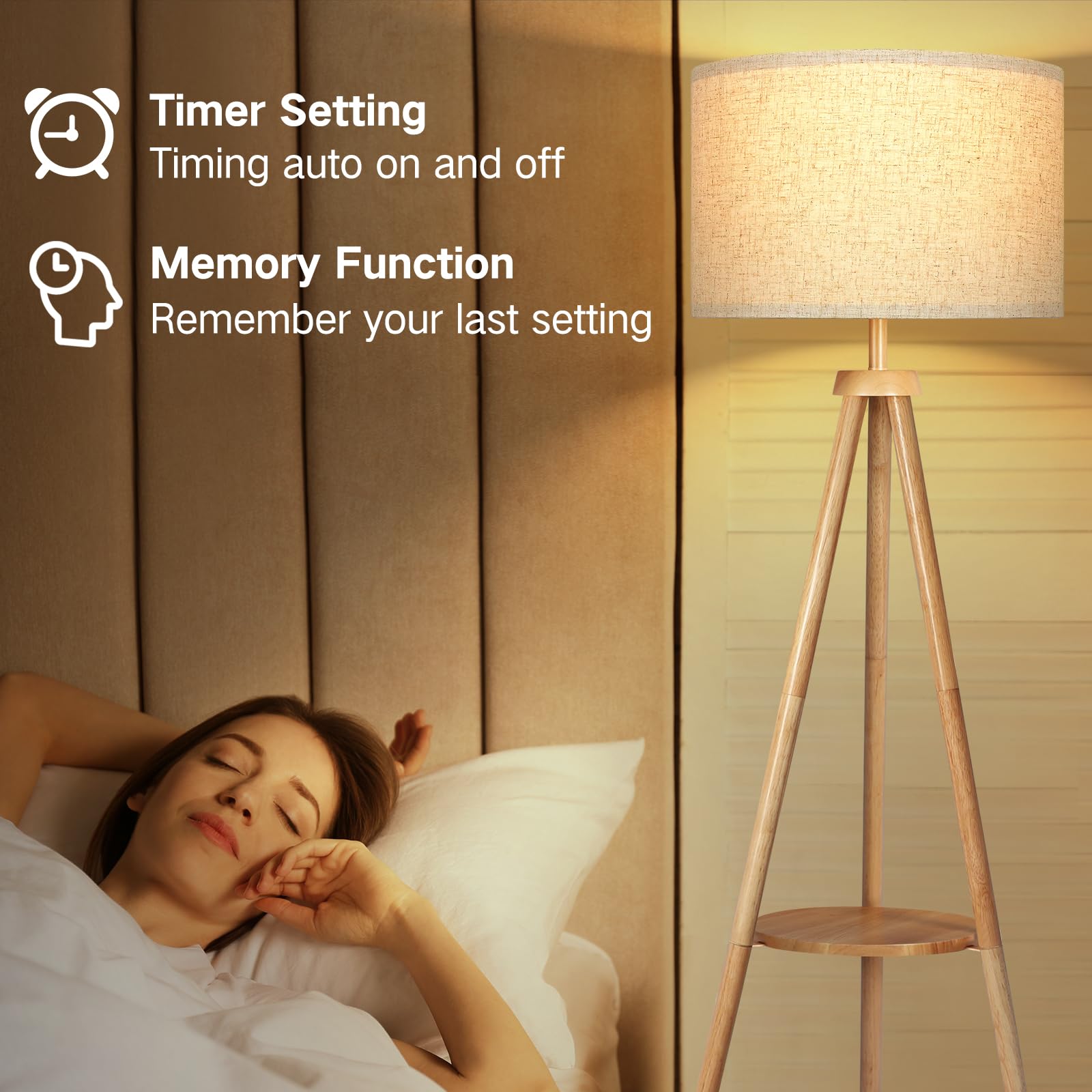 OUTON Floor Lamp With Shelves,Modern Dimmable Wood Standing Lamp With