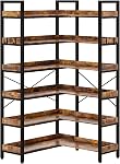 KOUSEI 6-Tier Bookshelf Reversible,Corner Bookcase 4 Hooks,69" Industrial Wooden Bookcase with Open Wide Shelves and Metal Frame for Living Room, Bedroom, Home Office,Brown