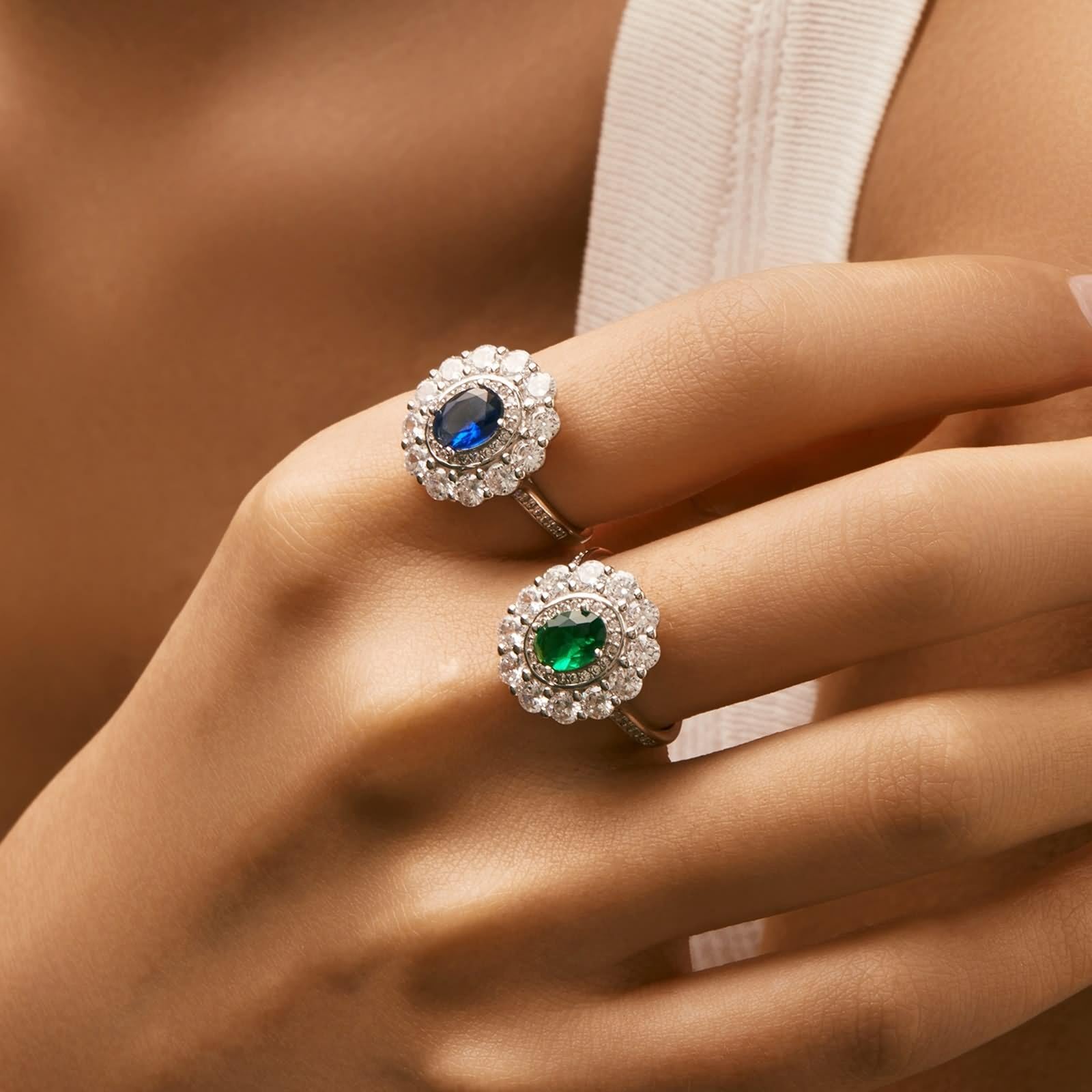 Anillos de boda de oro blanco, anillos para mujer, dedo medio, ovalado, con esmeralda fabricada en laboratorio