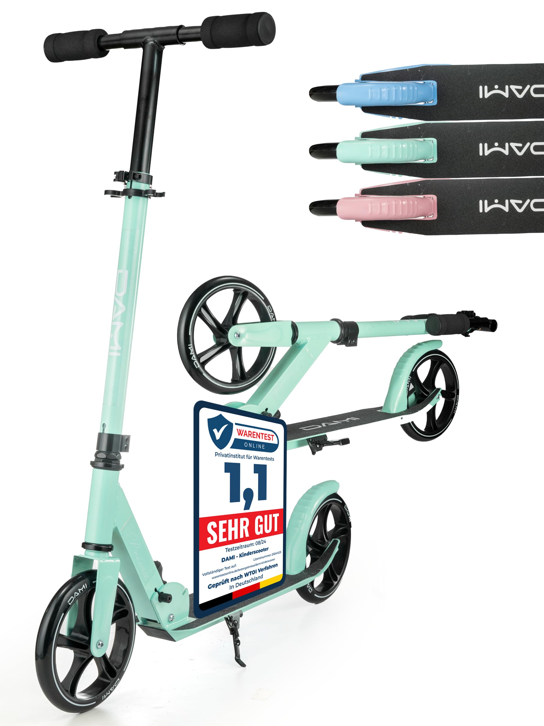 DAMI Patinete plegable, patinete de altura ajustable para niños y jóvenes hasta 100 kg, patinete ligero para niños a partir de 6 años, ruedas de 20 cm, ruedas de ciudad, freno trasero