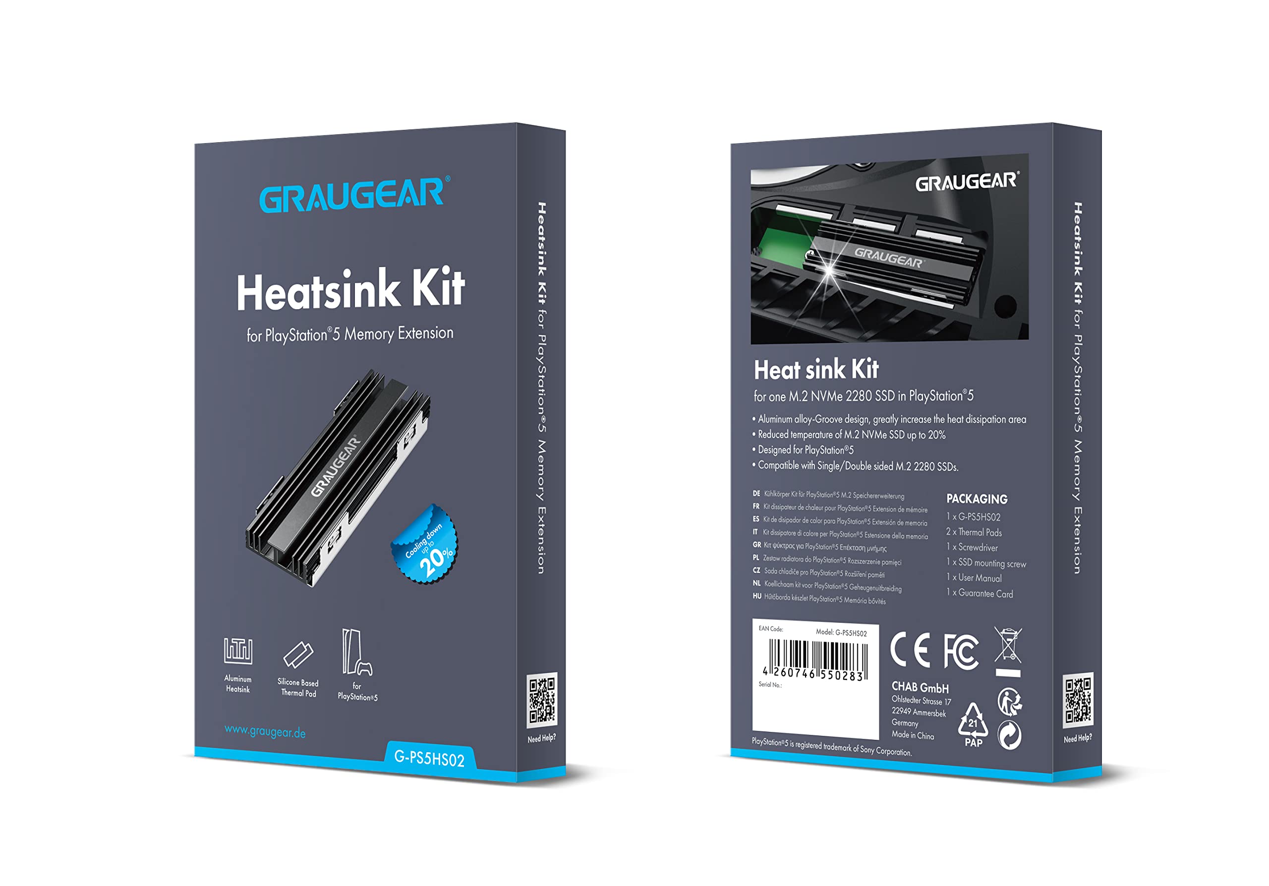 GRAUGEAR Radiator do M.2 NVMe SSD, zestaw chłodnicy Heatsink do Playstation5, PS5 Slim, z pokrywą odprowadzającą ciepło (aluminium)