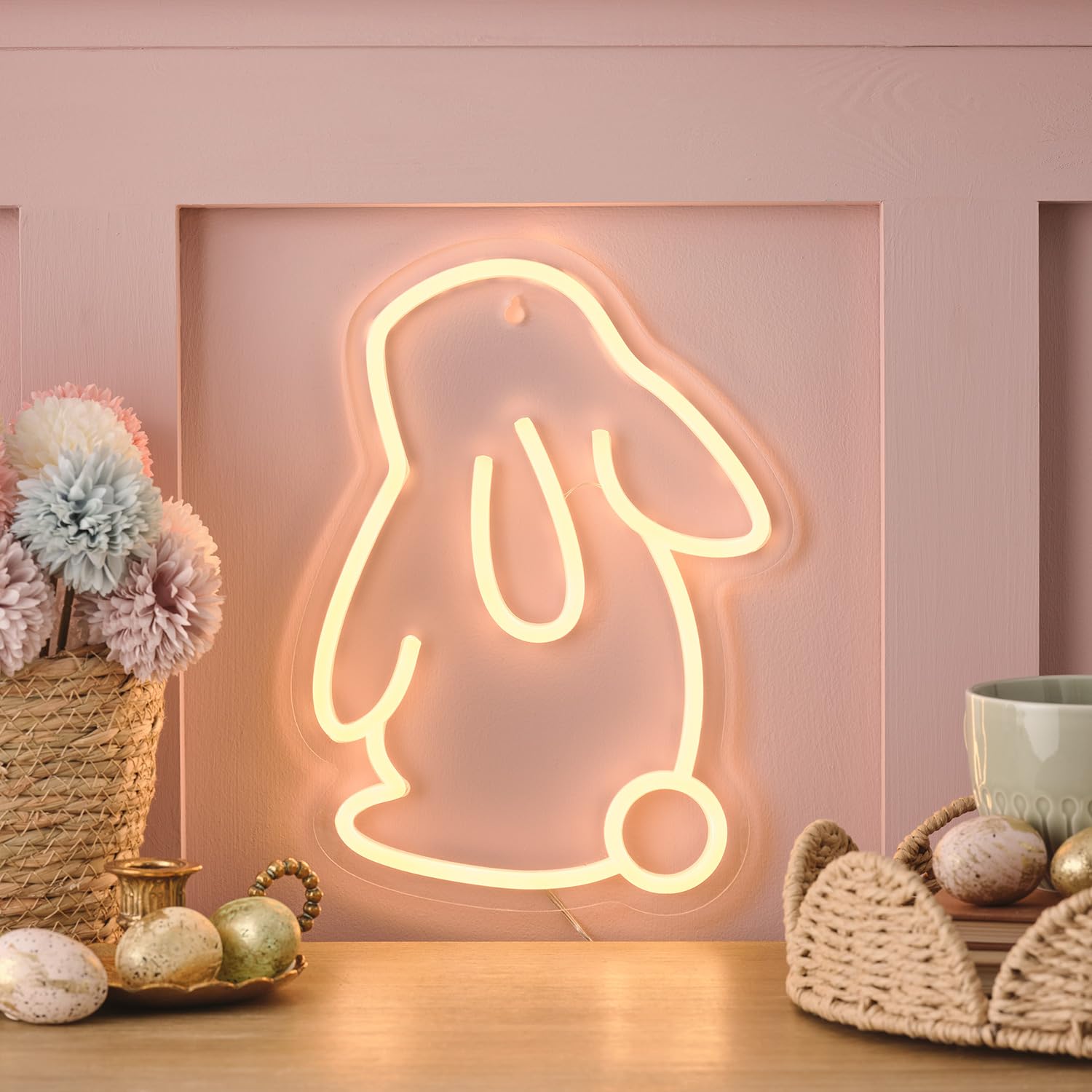 Lights4fun Indoor Neon Bunny Warm White LED Dimmable Wall Light Bedroom Wall Decor Neon Sign Plug In with Remote Control and Timer