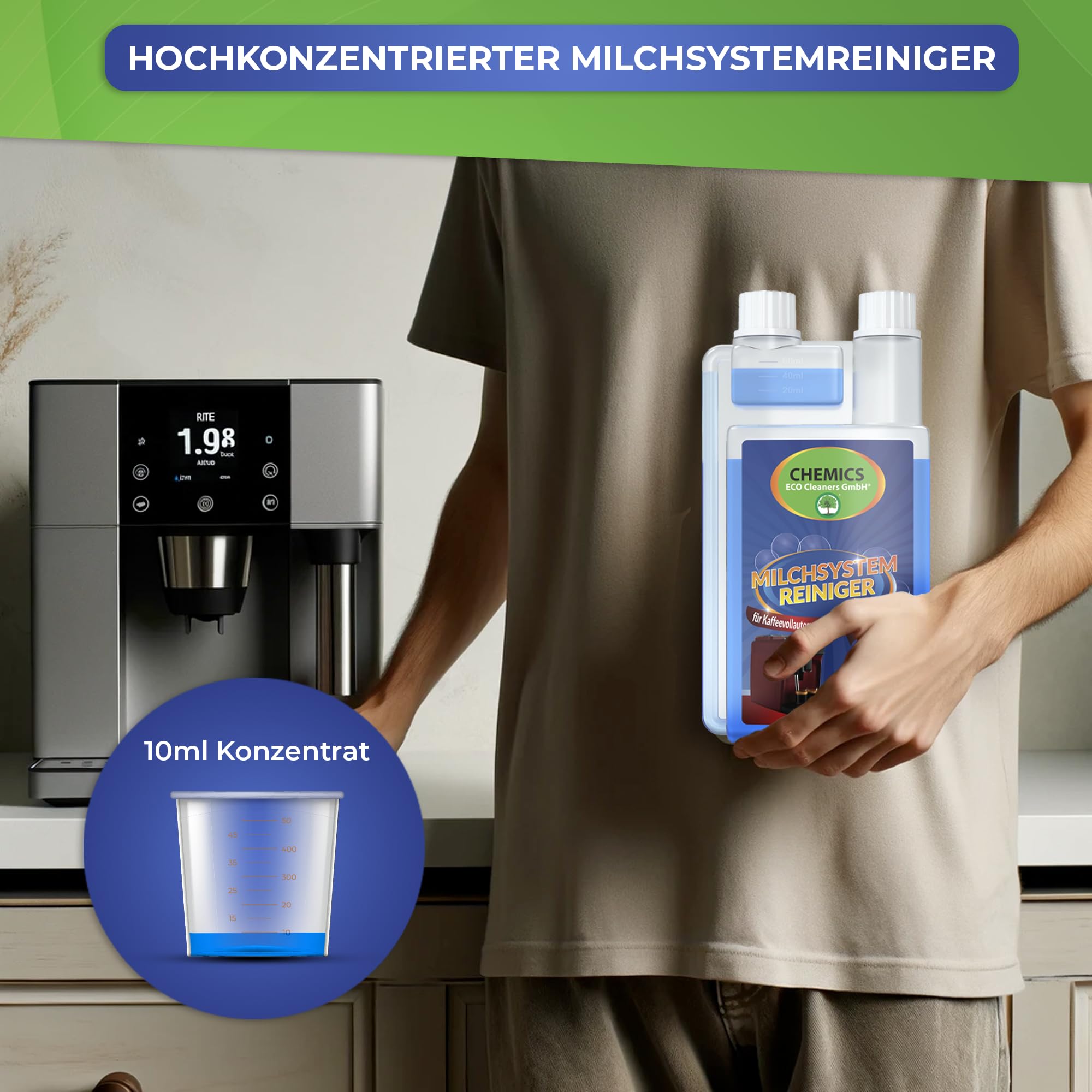 CHEMICS Milk System Cleaner 1000 ml - Limpiador eficaz de espuma de leche para máquinas de café totalmente automáticas y espumadores de leche externos - Para Jura, DeLonghi, Globaclean, WMF & Co. - In