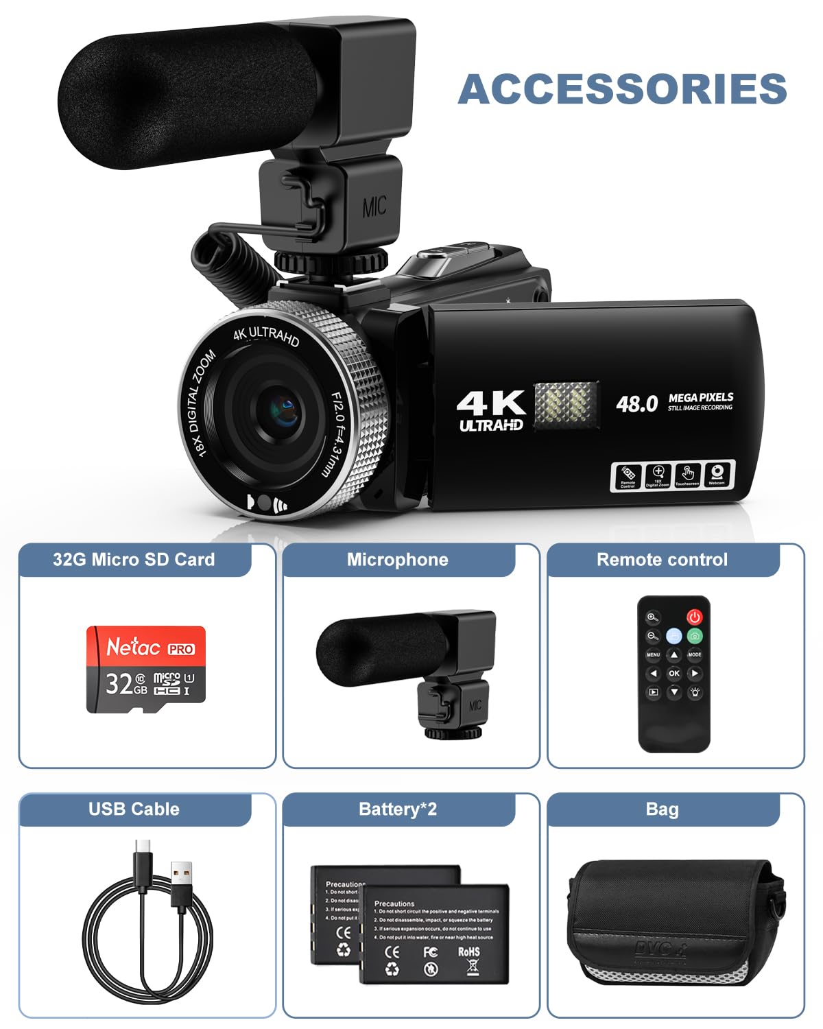 Videocamera con microfono HD 4K Videoregistratore Videocamera Vlogging per YouTube Videocamera per riprese con schermo touch da 3 pollici, zoom digitale 18X e scheda SD 32G