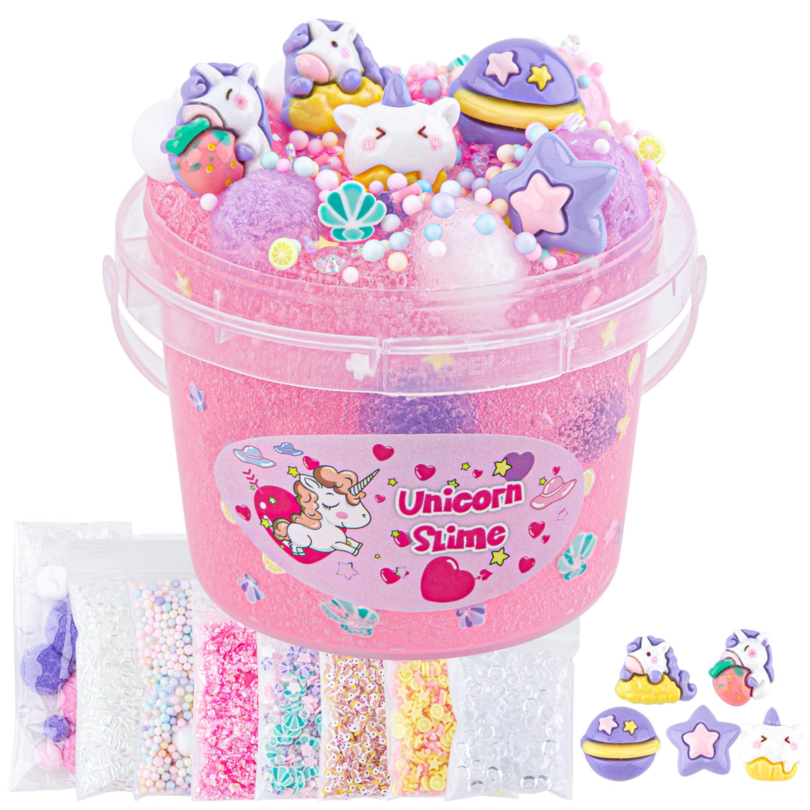 10 FL OZ Unicorn Slime Kit, Pink Clear Slime Bucket, Slime Party Favors for Kids, Glimmer Crunchy Slime Includes 9 Packs of Slime Add-ins, Stress Relief Slime Kit for Girls and Boys Ages 8-12