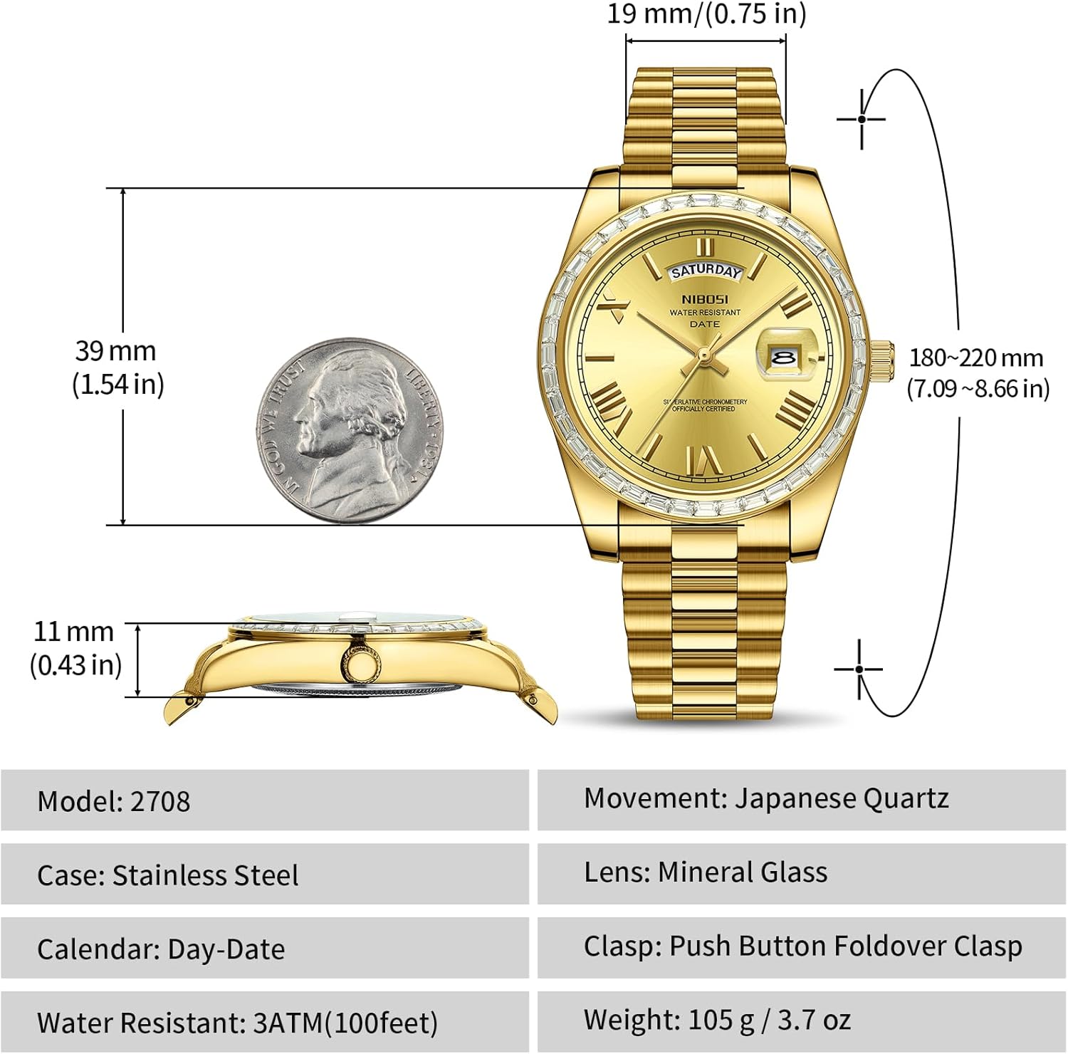 NIBOSI Men's Watches Analog Quartz Diamond Bezel Stainless Steel Dial Rose Gold Silver Watches for Men Waterproof Business Classic Dress Wrist Watch with Day Date - Image 3