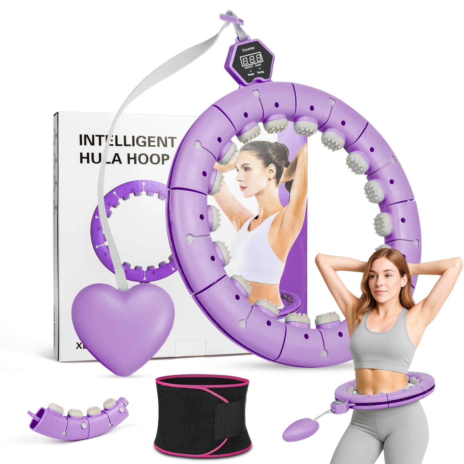 Smart Hula Hoop Reifen Erwachsene mit Gewicht Kugel und Hüftgürtel, Umfang (70-130cm) Abgebauter Fitnessreifenl, Hoopie Der Nie Herunterfällt für EIN Lustiges Training