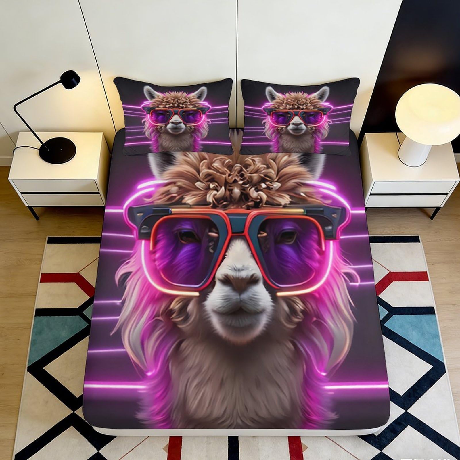 3D Printed Neon Llama Fitted Sheet Microfiber Anti-Slip Mattress Cover for Bedroom Dorm Decorative Easy Care 90x200x25cm