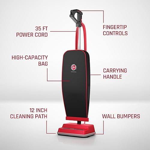 Miniatura 8 de Hoover Commercial Prime Lite - Aspiradora vertical para alfombras y suelos duros, grado profesional en bolsa, CH50300, color rojo