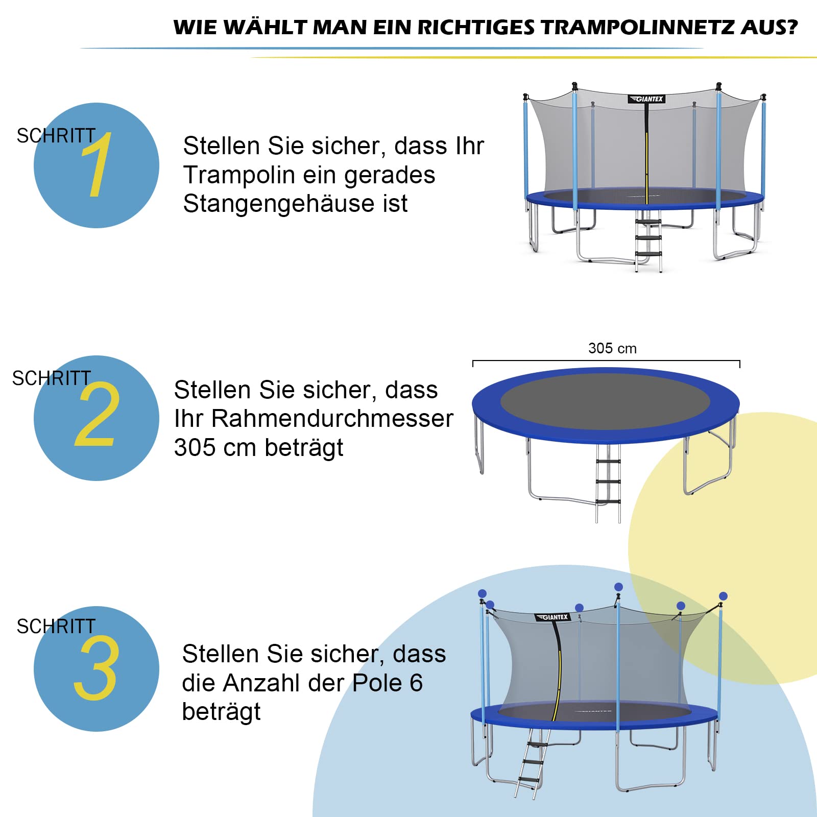 COSTWAY Ø244 /305/366 /427/457 /487cm Trampolin Sicherheitsnetz für Gartentrampoline, Ersatznetz innenliegend mit Reißverschluss und Schnallen, für 6/8 Stangen, Netzhöhe 180 cm