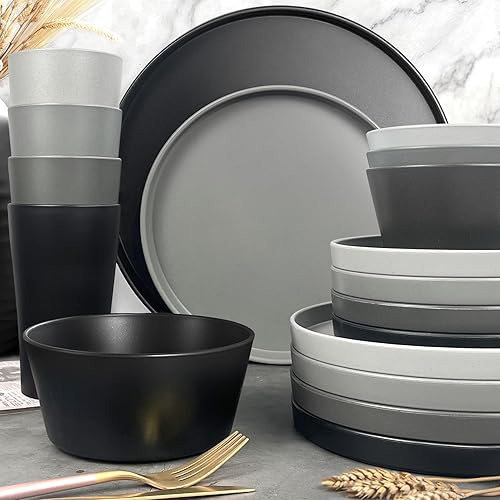 Teivio Juego de vajilla de plástico de 24 piezas de paja de trigo, servicio para 6, platos llanos, platos de postre, cuencos para cereales, vasos,