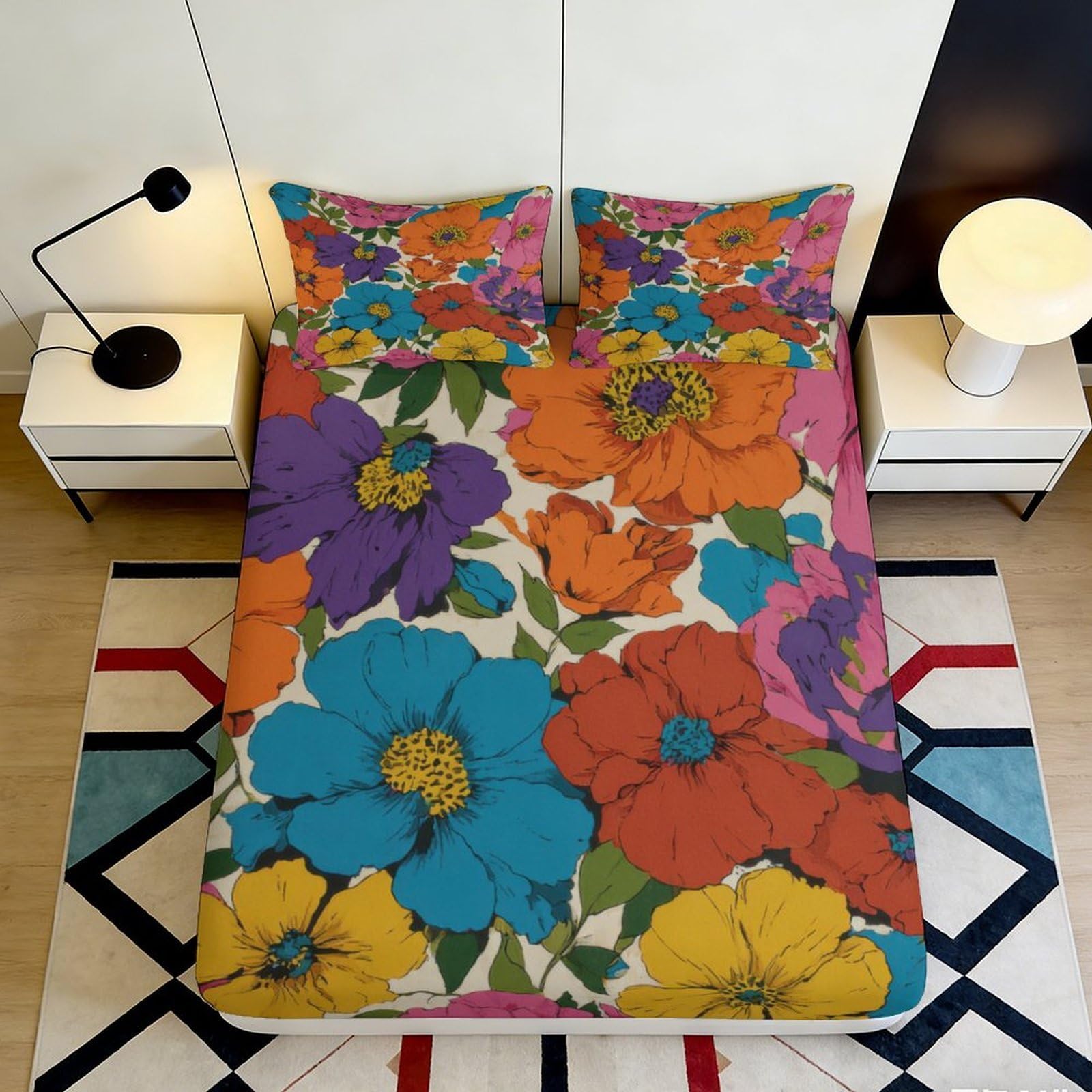 3D Printed Colorful Floral Fitted Sheet Microfiber Soft Breathable Vibrant Flowers Bed Sheet for Bedroom Dormitory Guest Room Mattress Protection 160x200x25cm
