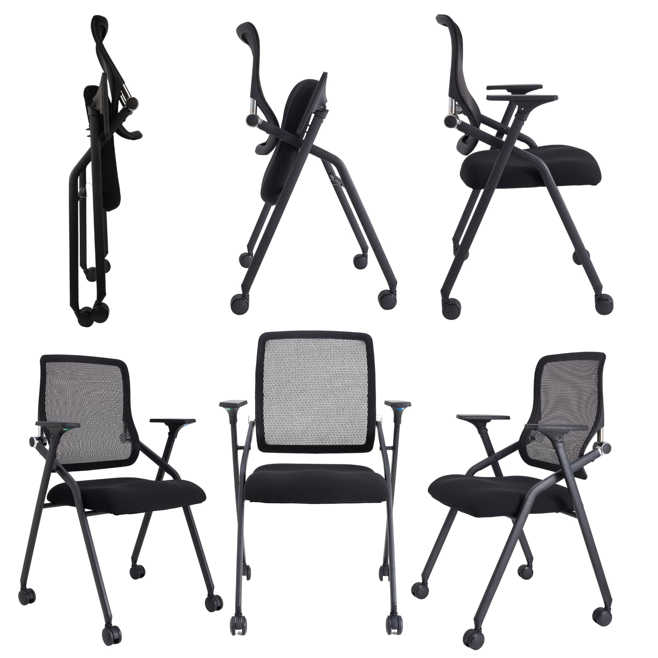 Updated Conference Room Chairs, Folding Office Desk Chair with Lumbar Support and Sliding Armrest with Casters, Office Guest Chairs &amp; Reception Chairs, 6 Pack Black