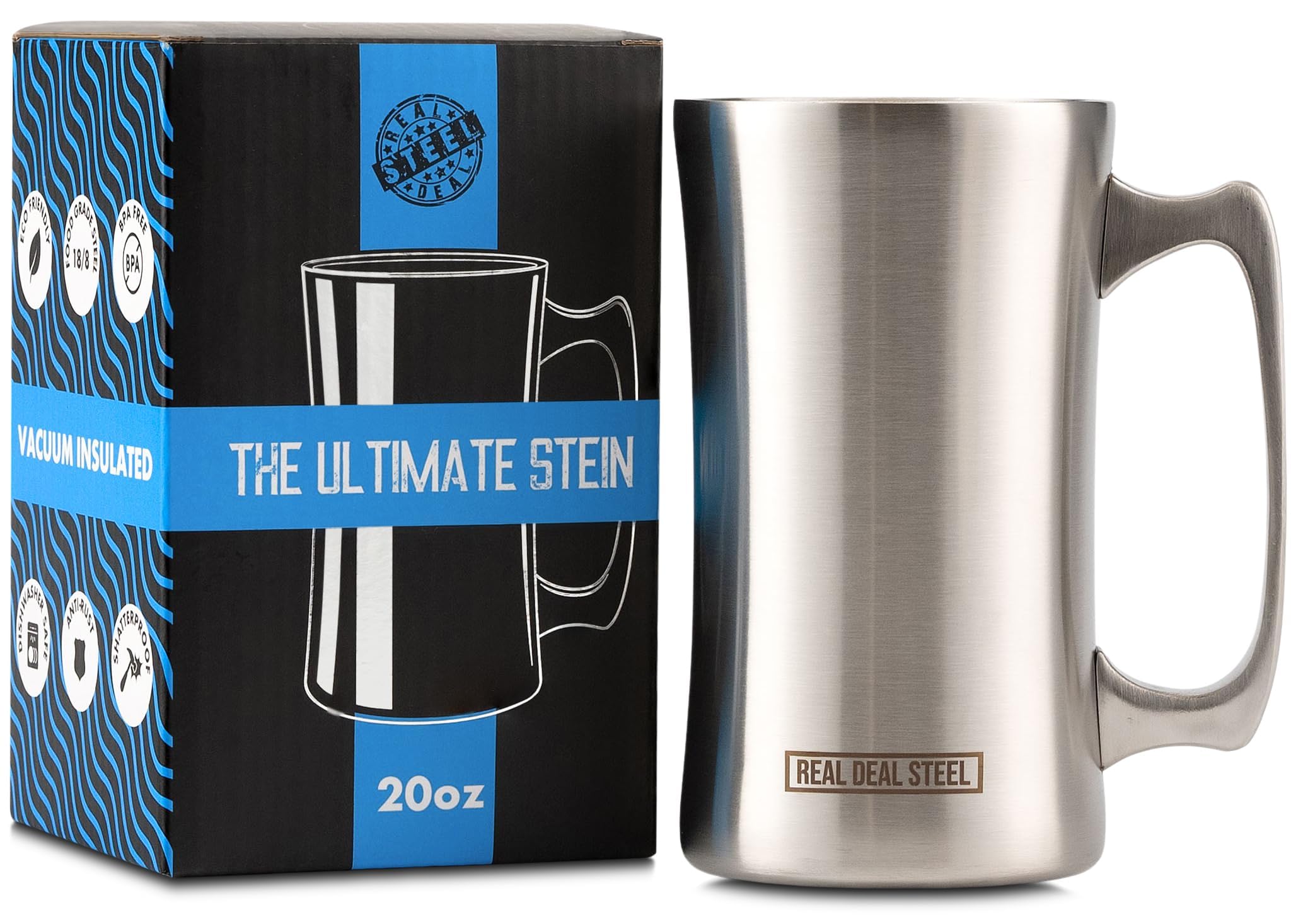 Stainless Steel Insulated Beer Mug Vacuum Beer Stein with Welded Handle - 20oz Total Capacity - Large Metal Tankard for IPA, Coffee - Double Walled Mug