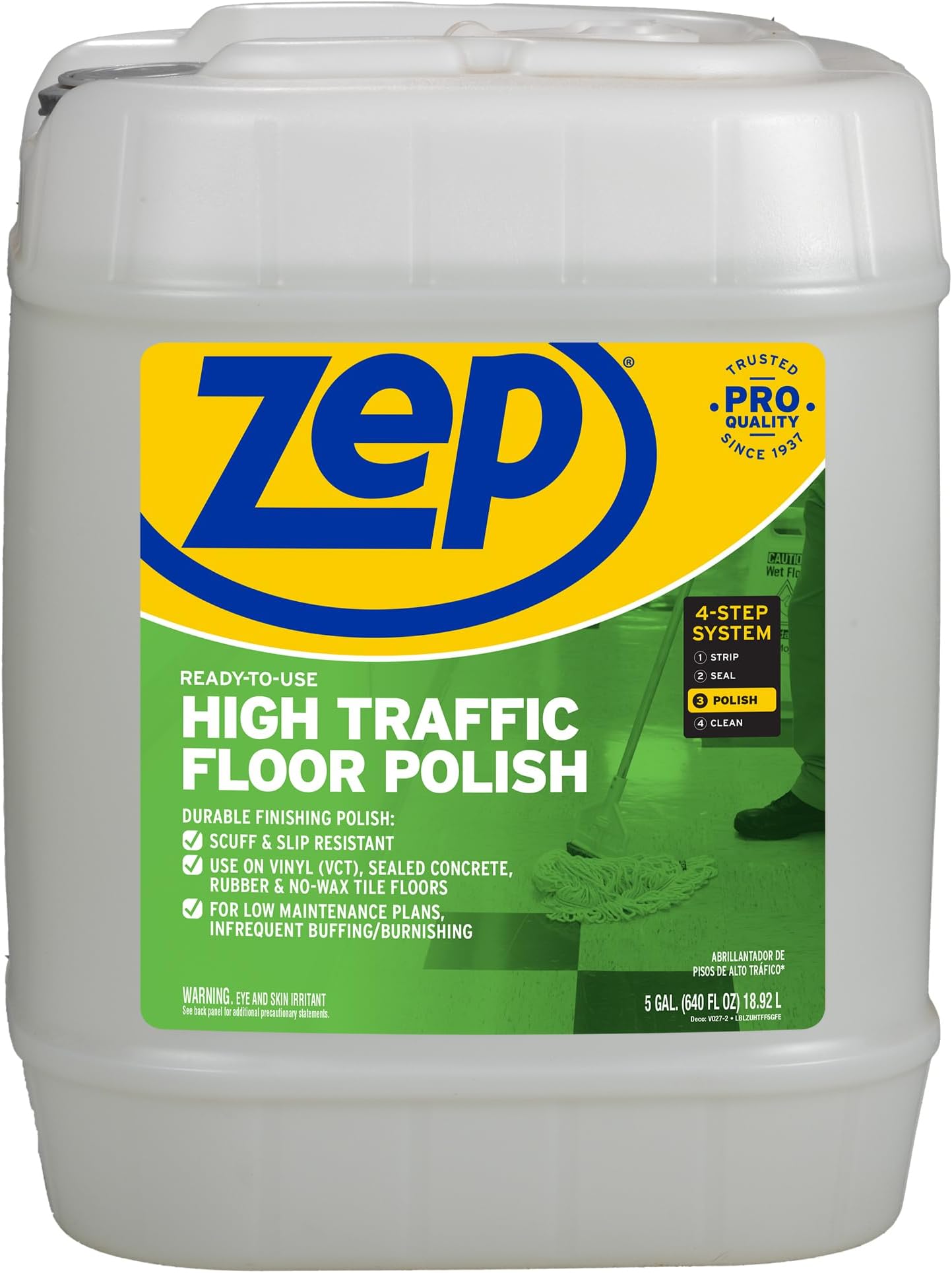 High Traffic Floor Polish - 5 Gal (1 Pail) ZUHTFF5G - Scuff and Slip Resistant Durable Floor Finishing Polish for Vinyl (VCT), Sealed Concrete, Rubber, Tile, and Terrazzo Floors