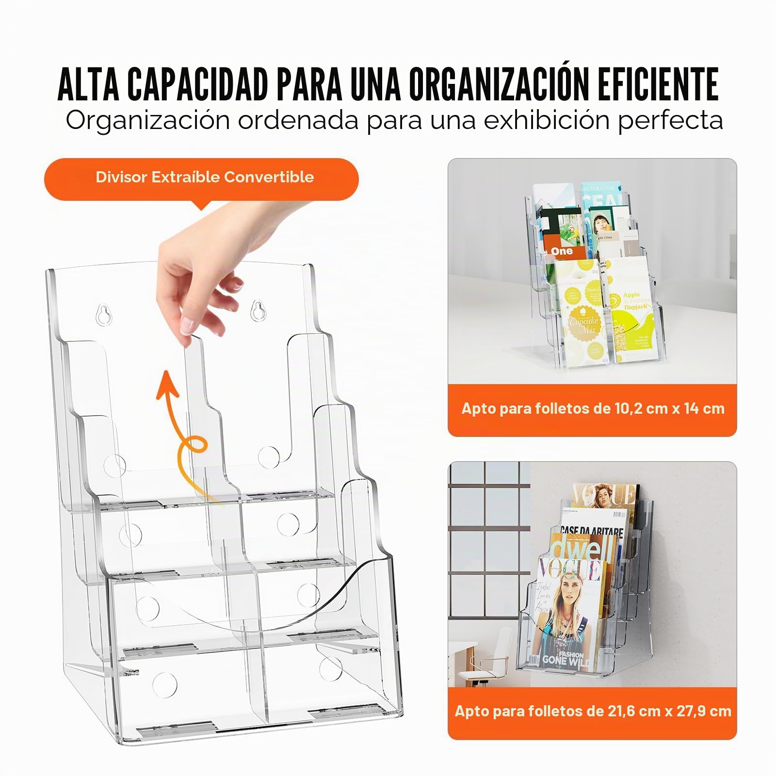 VEVOR Soporte para Folletos de Acrílico de 223,52 x 279,4 mm, Expositor de Literatura de Acrílico Transparente de 4 Niveles, Organizador de Literatura para Exhibición Montado en Encimera o Pared