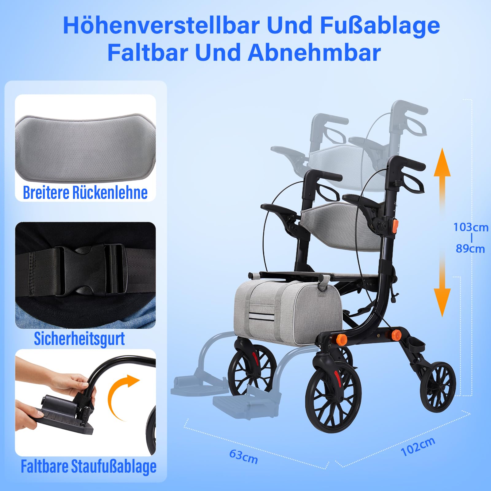 2-in-1 Rollstuhl-Rollator faltbar und leicht mit Sitz, klappbarer Rollstuhl für Senioren, Aluminium-Gehhilfe Transportstuhl, höhenverstellbar für Innen- und Außenbereich mit Bremsen