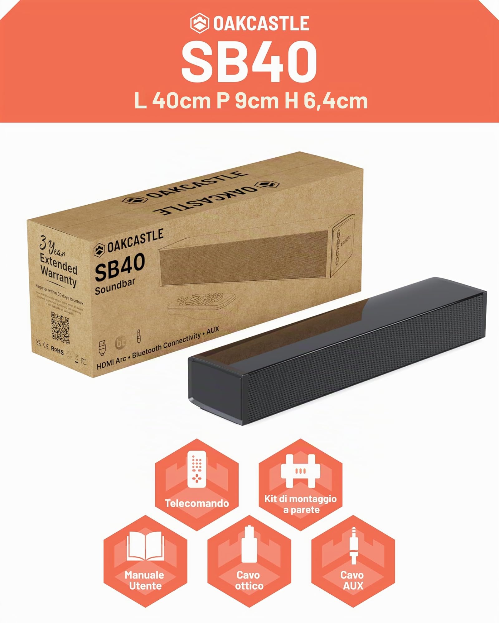 Oakcastle Soundbar Altoparlanti Bluetooth | Casse Home Theater | Console di Gioco | Sistema Audio Telefono Wireless| Desktop PC| Computer Portatile | Lettore DVD | Connettività HDMI e Bluetooth SB40