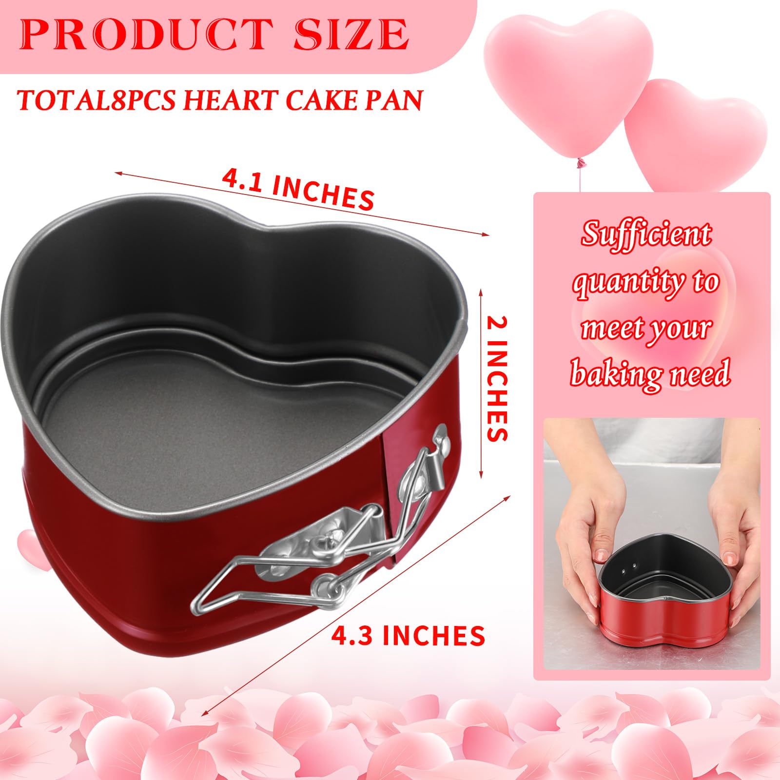 Beeveer 8 Pcs Heart Shaped Springform Pan 4 Inch Non Stick Heart Springform Pan Molds Accessories of Mini Cheesecake Cake Valentine‘s Day Baking, Red