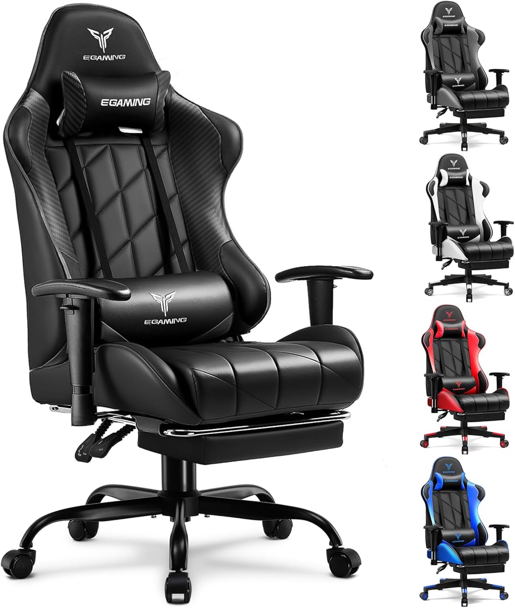 GTRACING Gaming Chair with Footrest, Ergonomic High-Back PU Leather Computer Chair with 3D Adjustable Armrests, Headrest and Lumbar Support, Office Desk Chair with Diamond Stitching for Adults & Teen