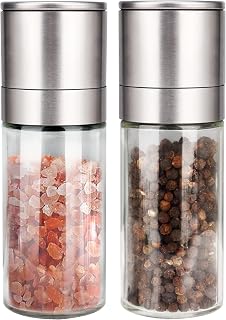 Gulex Salt & Pepper Grinder Set - Refillable Stainless Steel Mills with Adjustable Ceramic Rotor, Transparent Glass for Fresh Spices